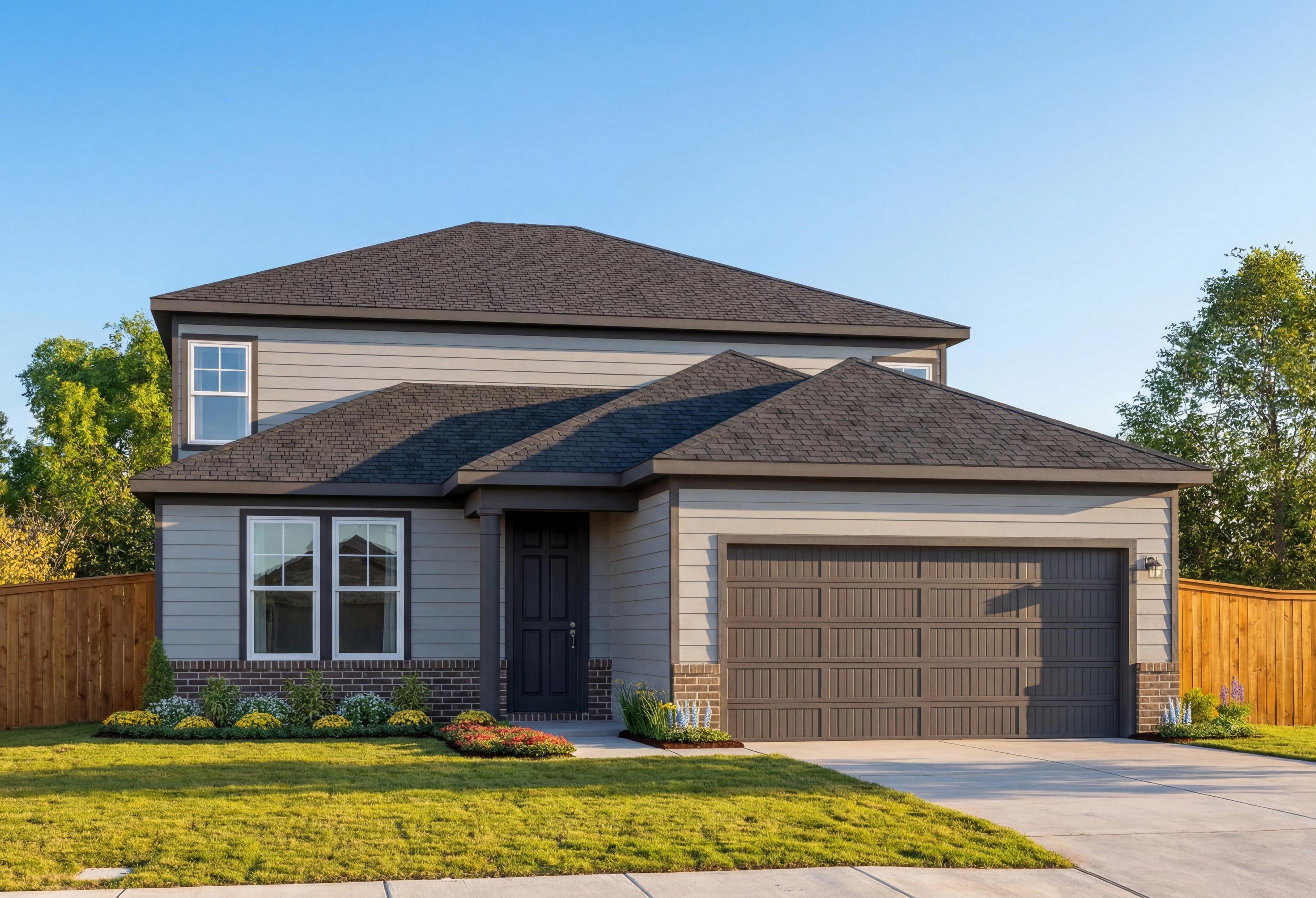Modern two-story Douglas A home elevation with gray siding, brick accents, two-car garage, and landscaped yard in Converse Texas