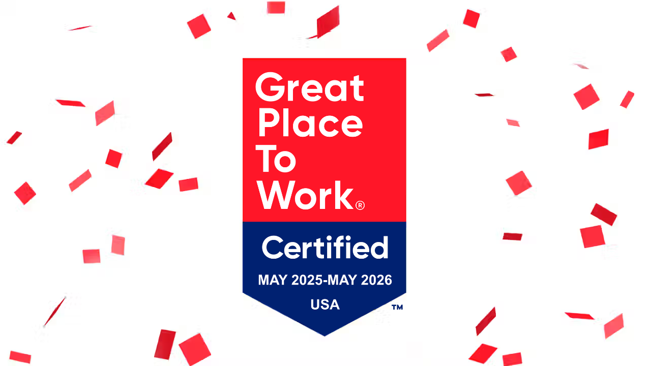 Davidson Homes Great Place To Work Certified badge 2025-2026 with USA trademark and red confetti
