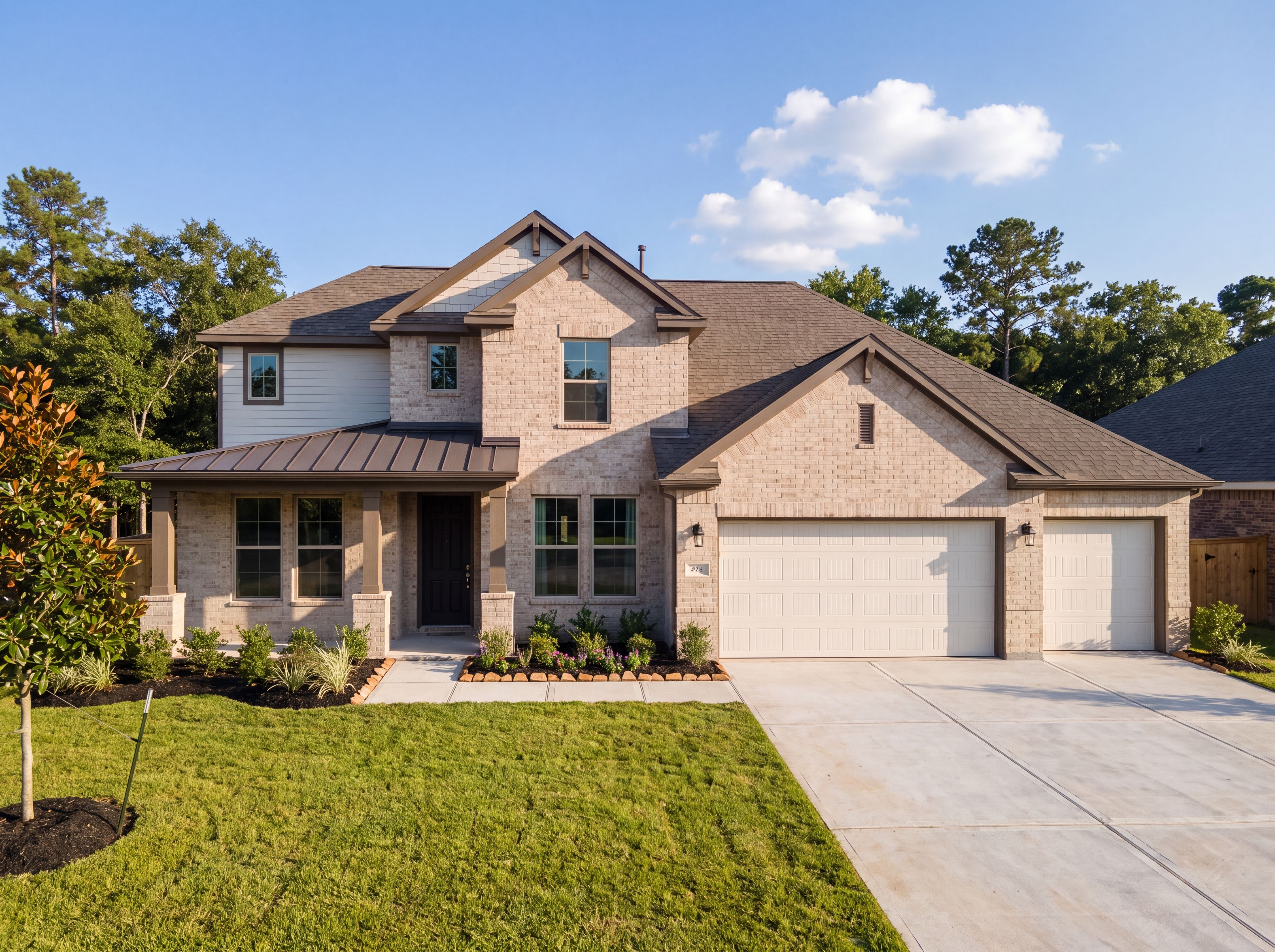 Front elevation of The Victoria by Davidson Homes, a 2-story brick new home in Texas City with 4-car garage and covered porch.