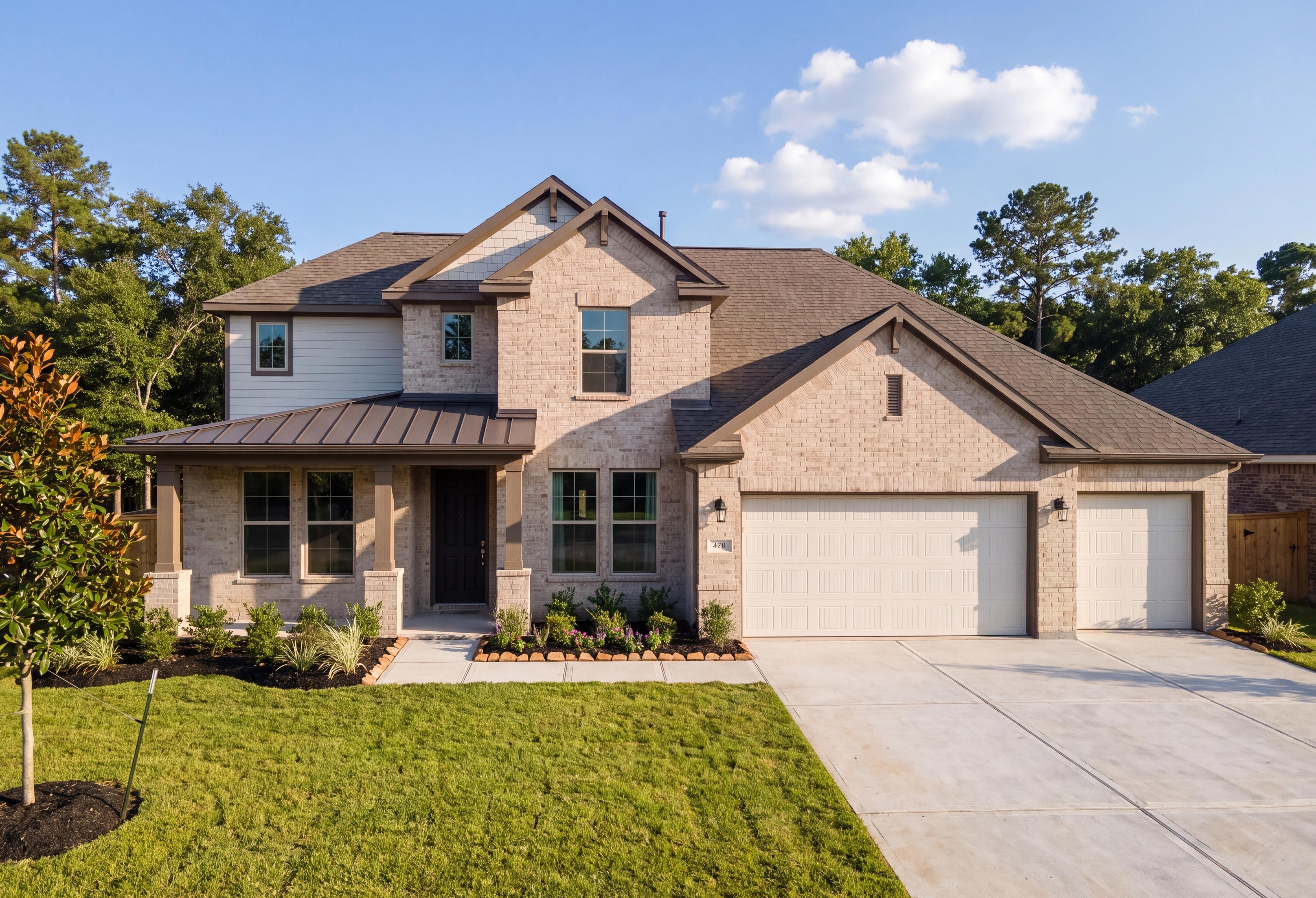 Front elevation of The Victoria by Davidson Homes, a 2-story brick new home in Texas City with 4-car garage and covered porch.