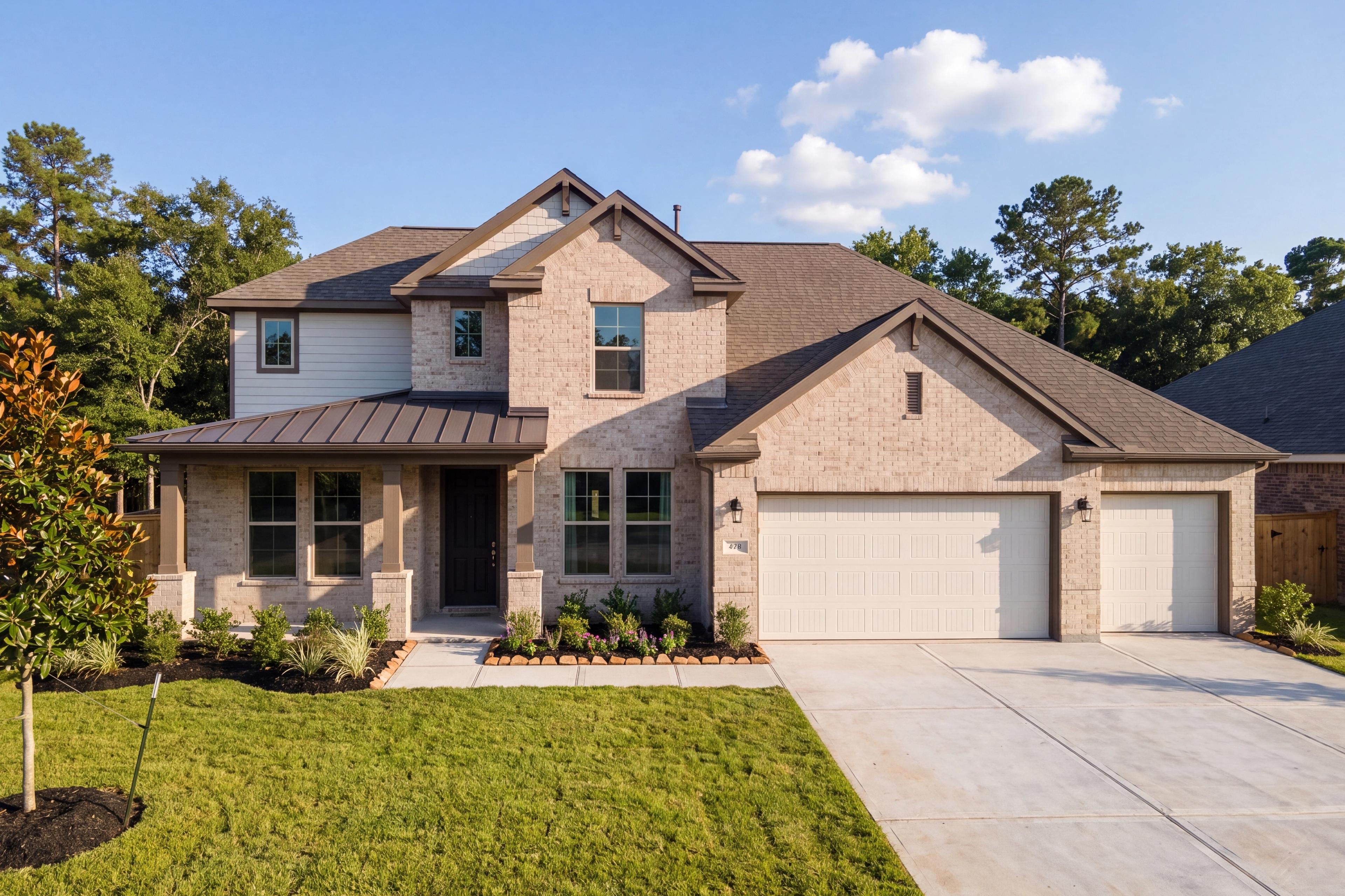 Front elevation of The Victoria by Davidson Homes, a 2-story brick new home in Texas City with 4-car garage and covered porch.