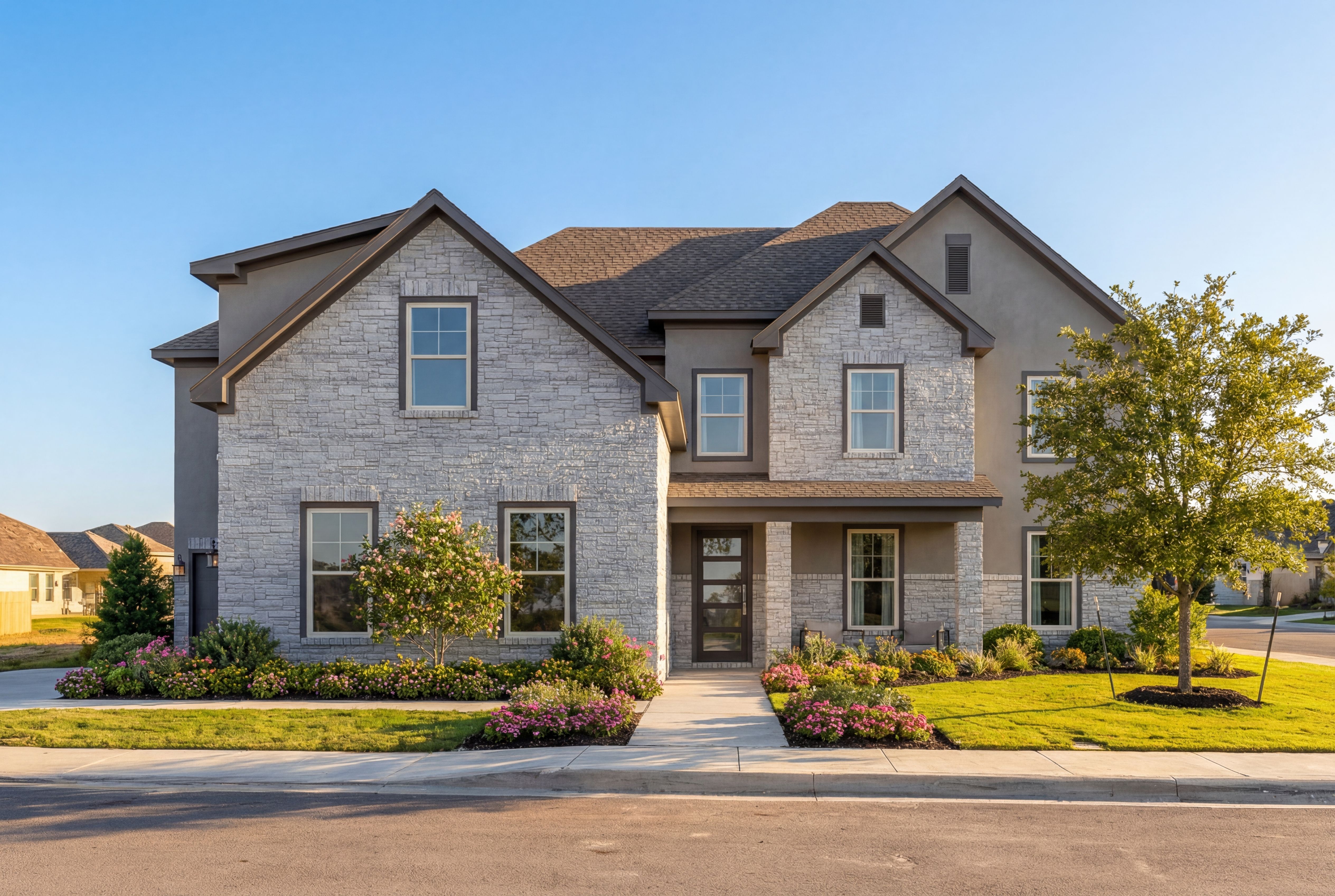 Two-story Ashford home elevation by Davidson Homes in Castroville Texas featuring stone siding, gabled roof, and landscaped yard