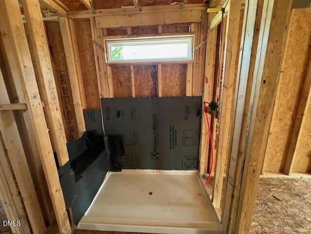 Shower stall under construction with wall studs in The Willow D floor plan at Wellers Knoll, Lillington, North Carolina.