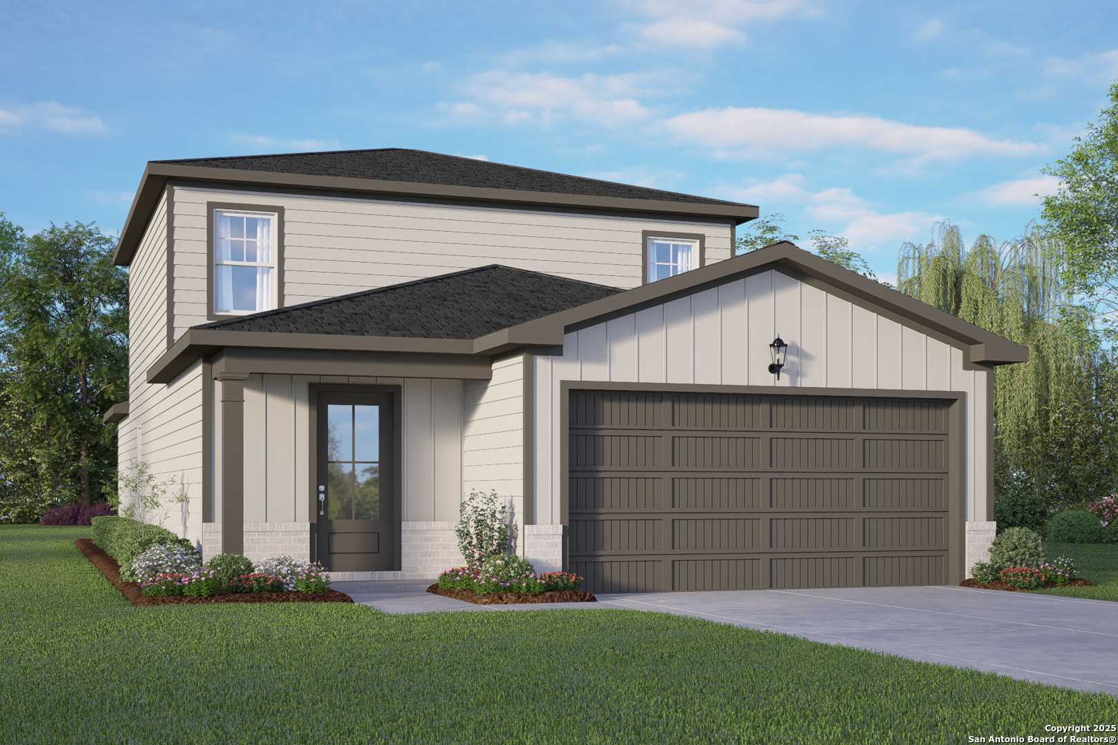 Two-story Sabine B home by Davidson Homes in Agave, San Antonio, Texas: beige siding, dark roof, 2-car garage, front porch, landscaped yard