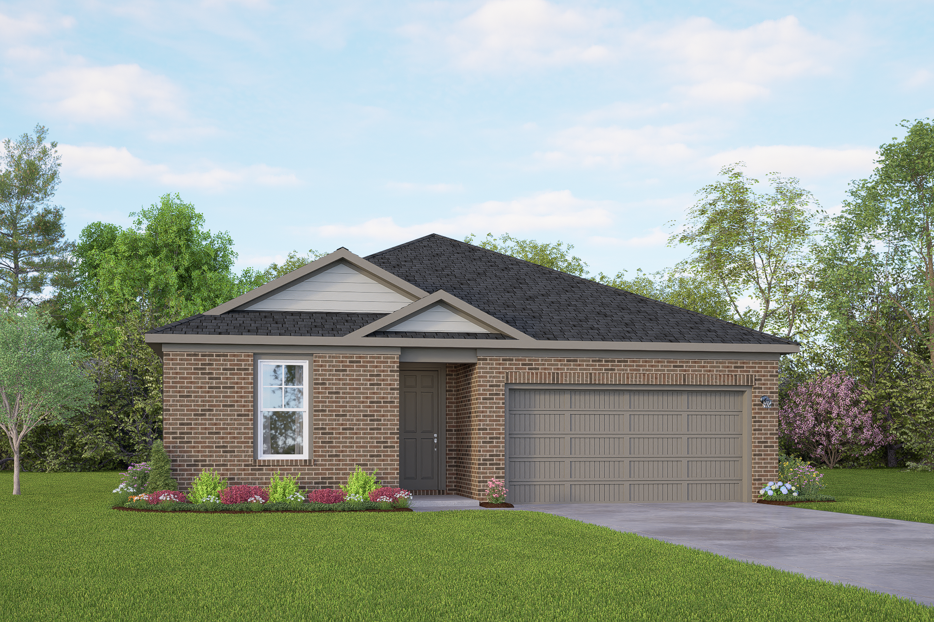 The Asheville 3-bedroom single-story home with brick exterior, 2-car garage, and landscaped front yard in San Antonio