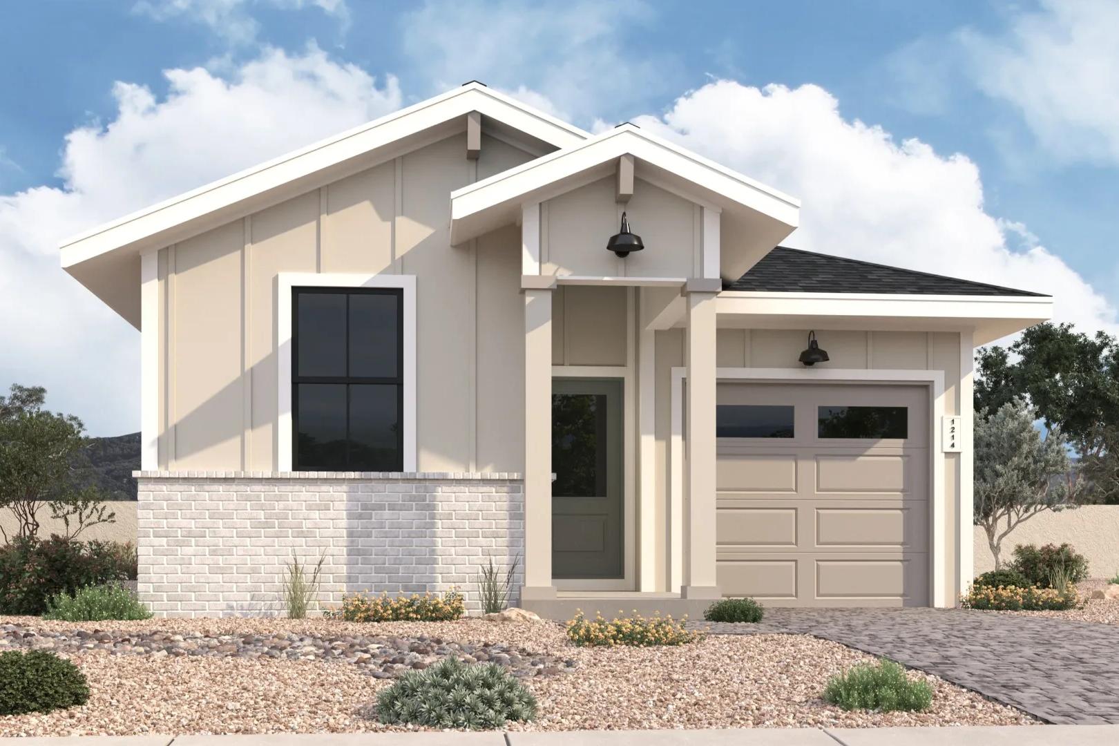 Modern single-story exterior of The Savannah B with beige siding, gabled roof, attached garage, and desert landscaping in Prescott, AZ