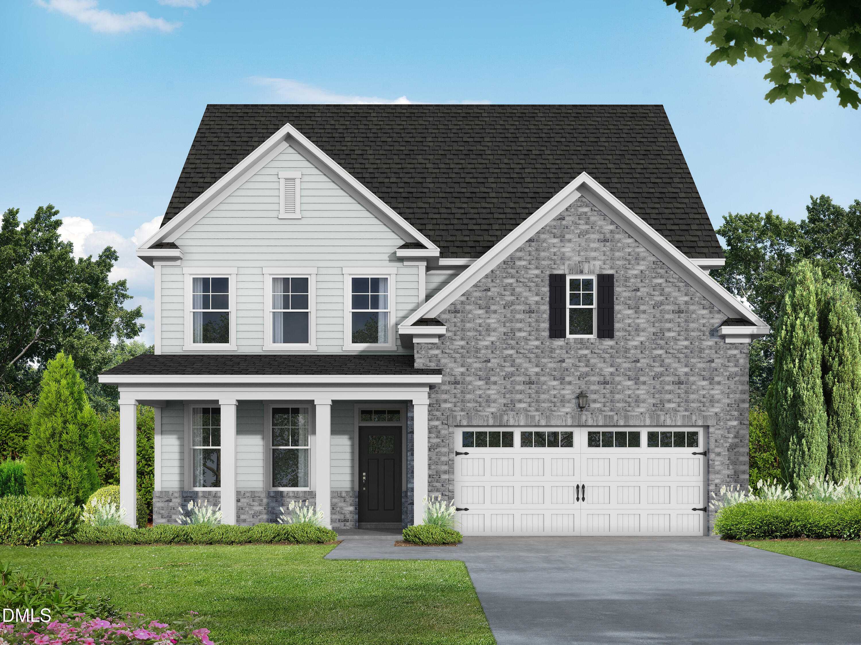 Charming 3-story Hickory II C home by Davidson Homes with blue siding, stone accents, covered porch, 2-car garage, and lush landscaping in Wake Forest, NC