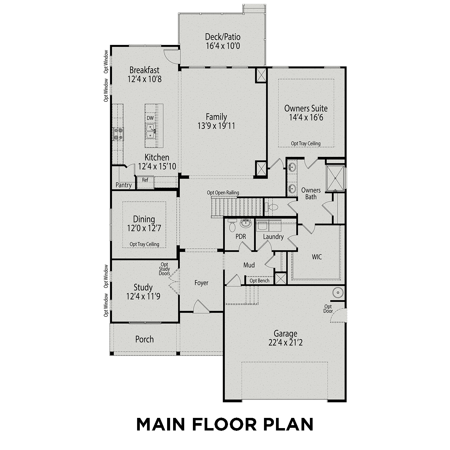 First floor layout of The Cypress C II by Davidson Homes, featuring open kitchen, family room, dining area, and 2-car garage in Angier, NC