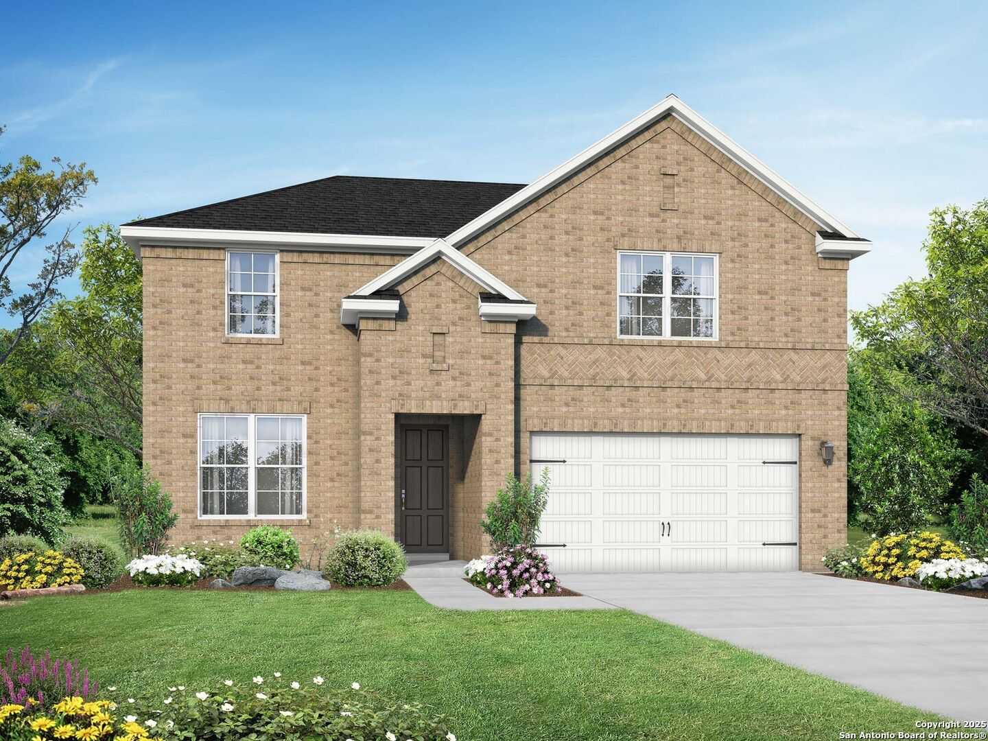 Two-story brick Sequoia A home by Davidson Homes with 2-car garage and landscaped yard in Hickory Ridge, Elmendorf, Texas