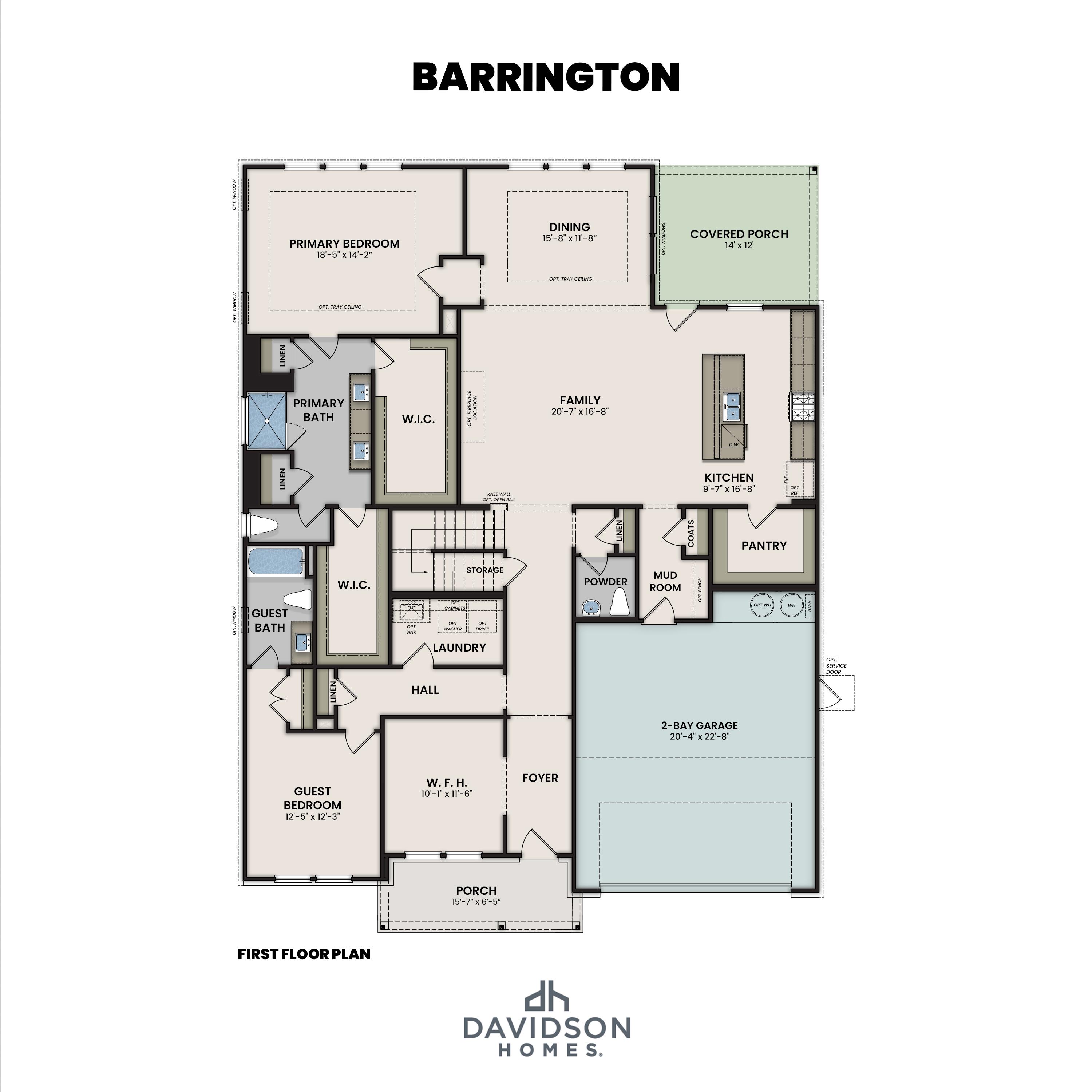 First floor plan of The Barrington showcasing primary suite, open kitchen, family room, dining, study, and two-car garage by Davidson Homes