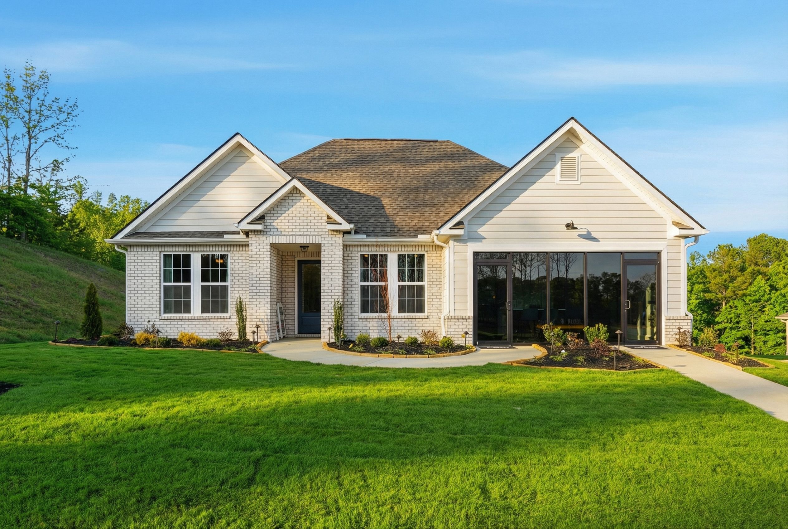 Modern single-story front elevation of The Hibiscus F by Davidson Homes, white siding exterior with attached garage and landscaped yard in Cullman AL