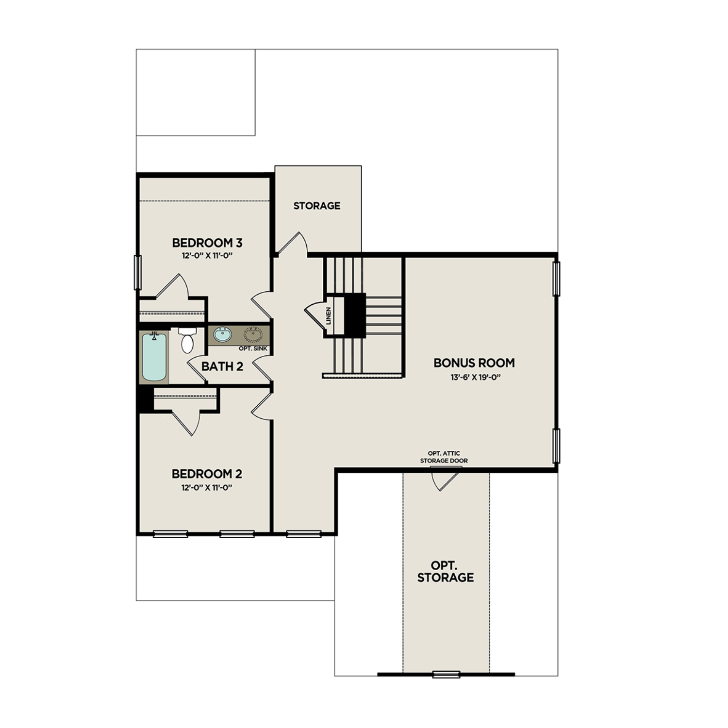 Second floor layout of The Ash by Davidson Homes featuring bedrooms 2 and 3, bath 2, 17x14 bonus room, and storage