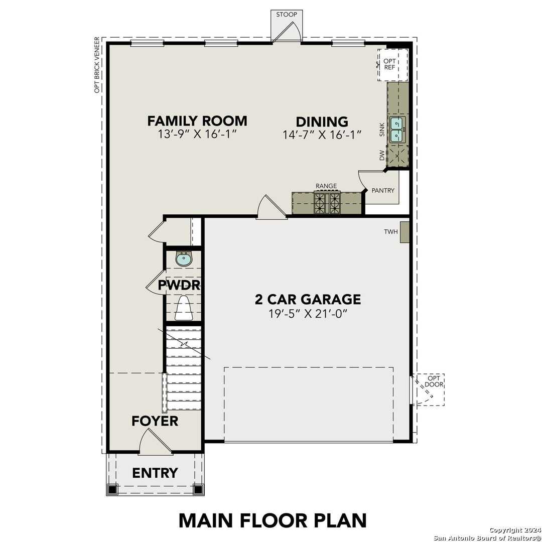 Main floor plan of The Trinity D 4-bedroom home: foyer, powder room, family room, dining, kitchen, 2-car garage in San Antonio, TX