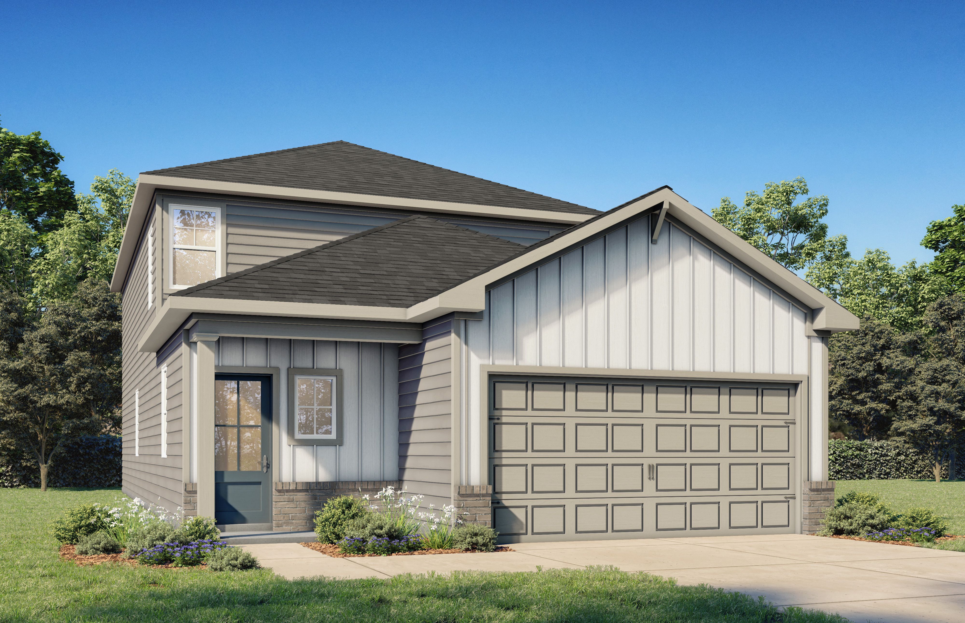 The Summit B two-story home elevation featuring brick and siding exterior, two-car garage, front porch, and landscaped yard in San Antonio