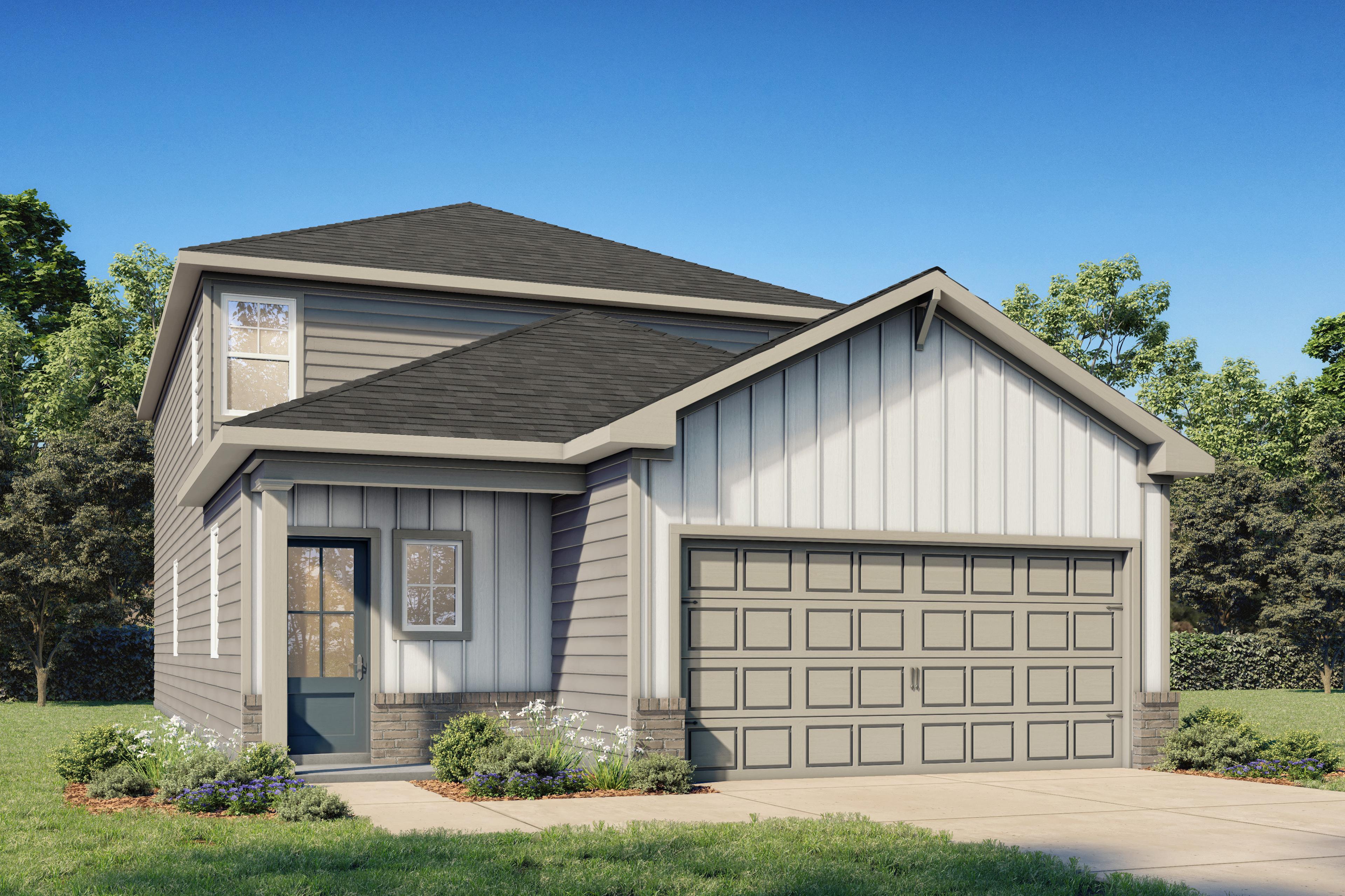 The Summit B two-story home elevation featuring brick and siding exterior, two-car garage, front porch, and landscaped yard in San Antonio