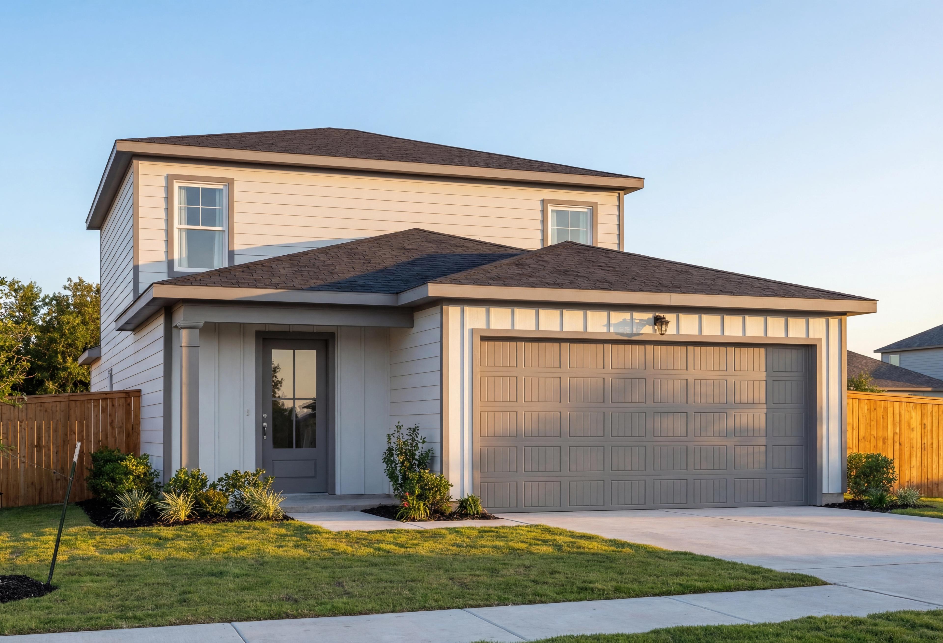 Two-story The Sabine A elevation by Davidson Homes: beige siding, dark gabled roof, two-car garage, columned porch in San Antonio