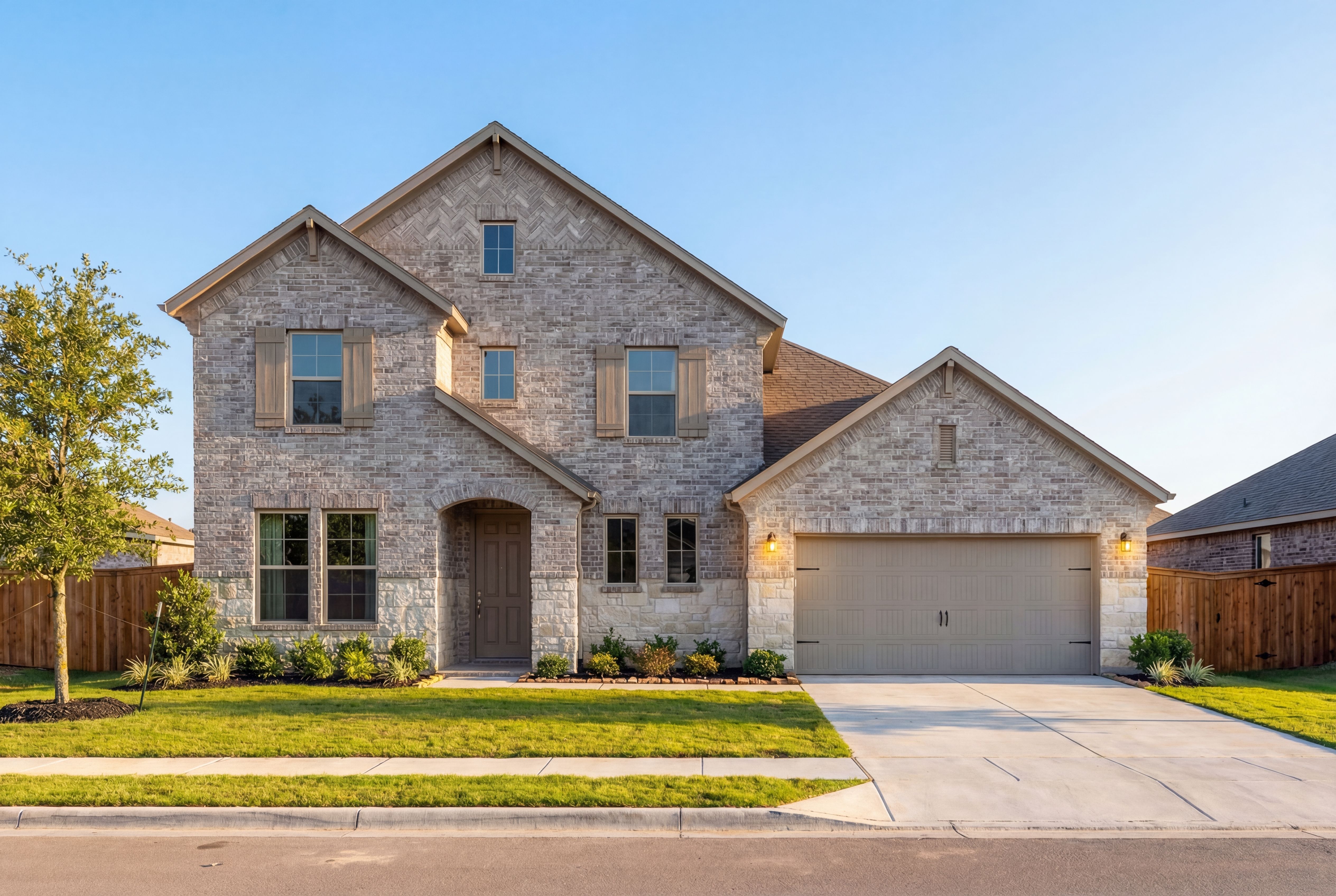 Two-story The Philip B home by Davidson Homes in Rosharon, Texas, featuring brick and siding exterior, two-car garage, and landscaped front yard