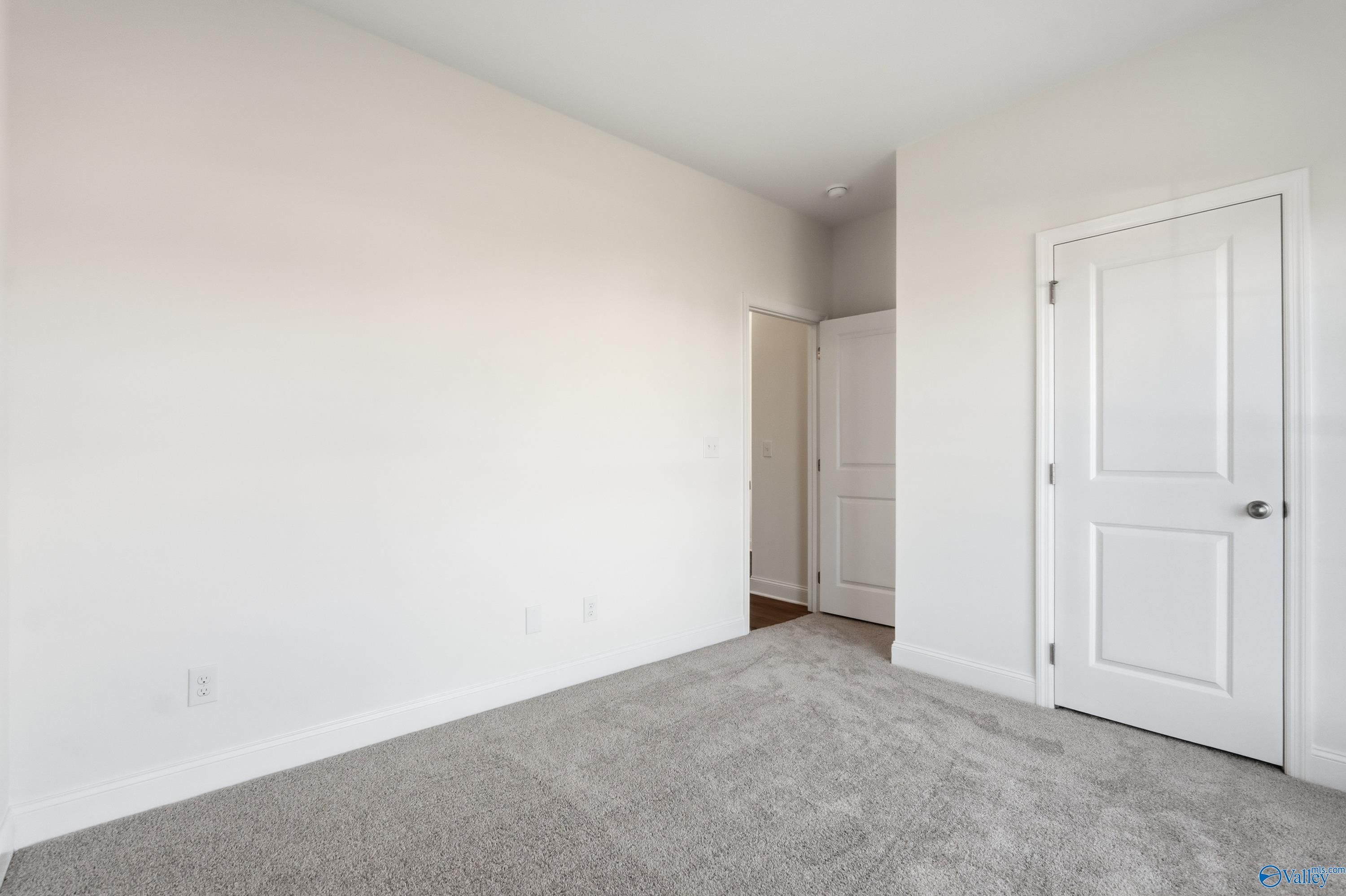 Neutral secondary bedroom with beige walls, gray carpet, and white doors in Davidson Homes The Asheville C, Meridianville, AL