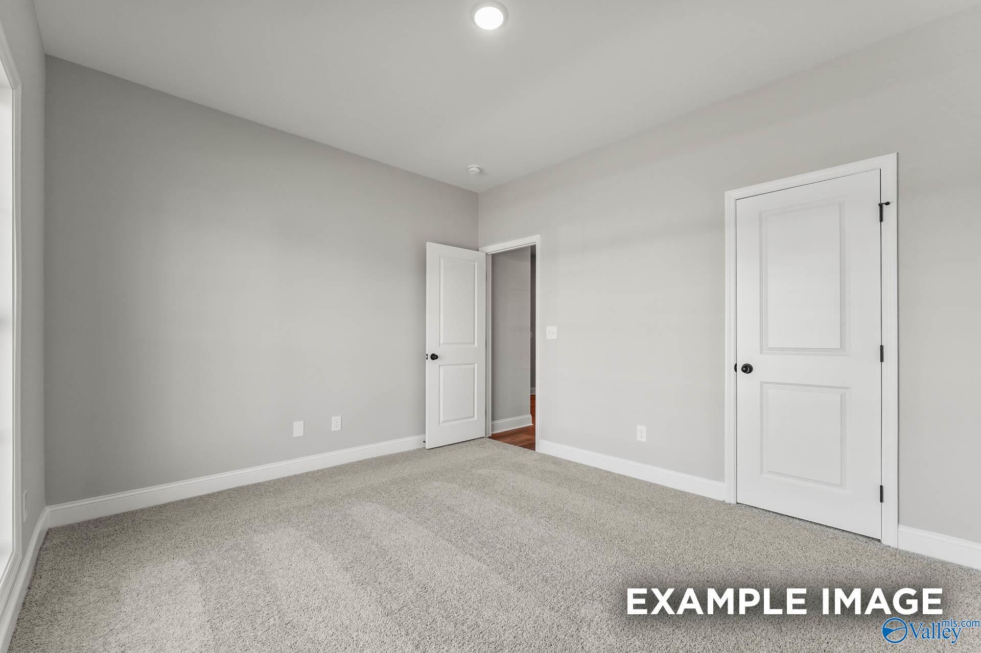 Spacious empty bedroom with gray walls, plush carpet, and open door to hallway in Davidson Homes The Daphne C, Athens, Alabama