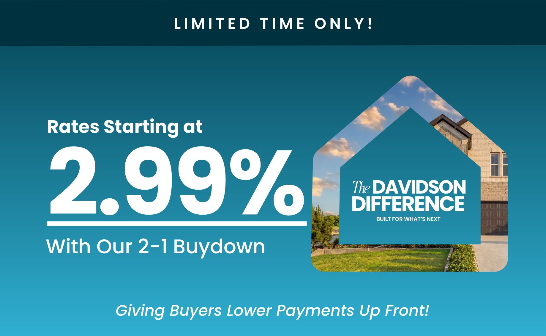 Blue plaid banner with Welcome Home title, announcing rates as low as 1.99% mortgage for Houston new homes