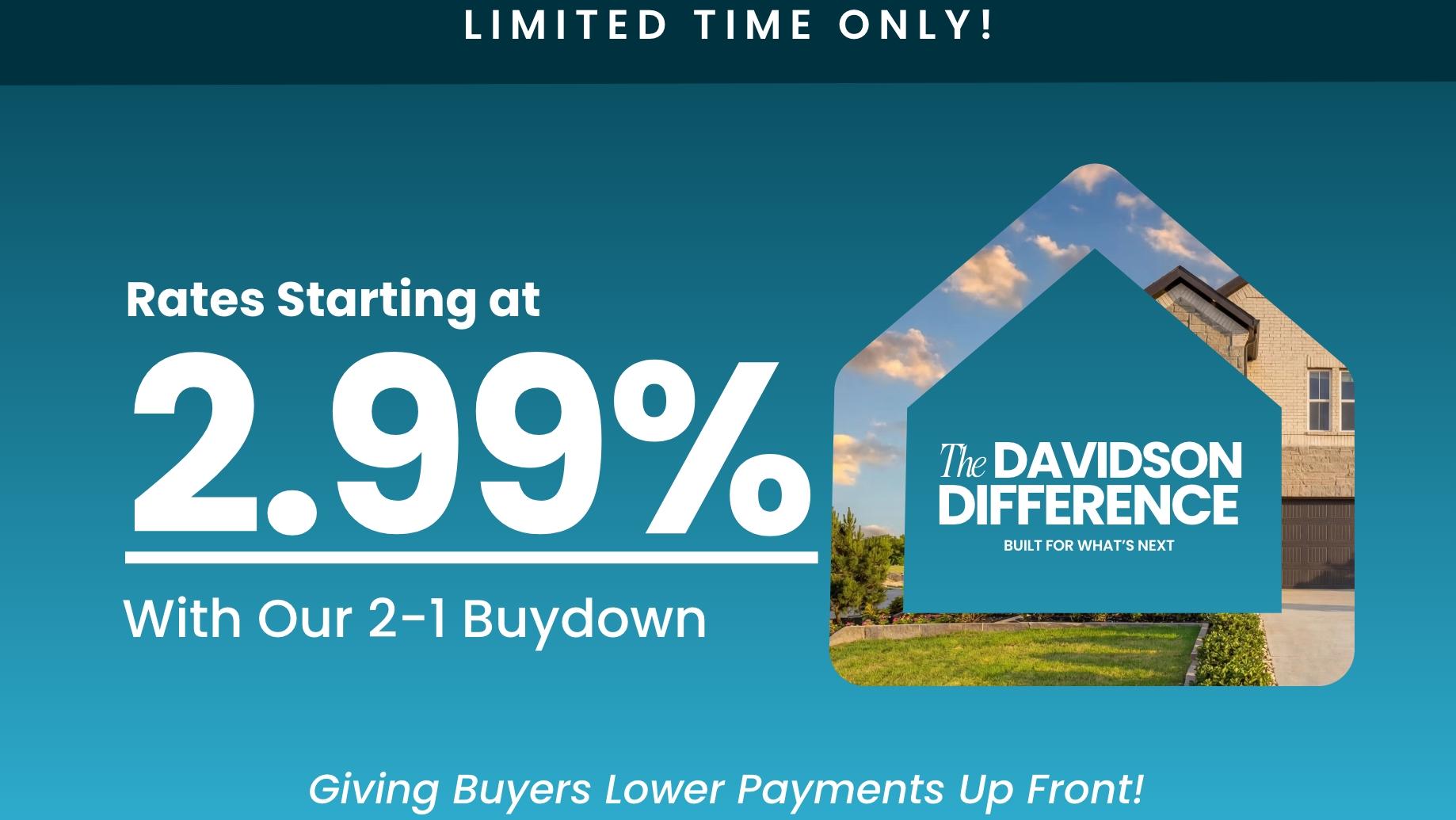 Blue plaid banner with Welcome Home title, announcing rates as low as 1.99% mortgage for Houston new homes
