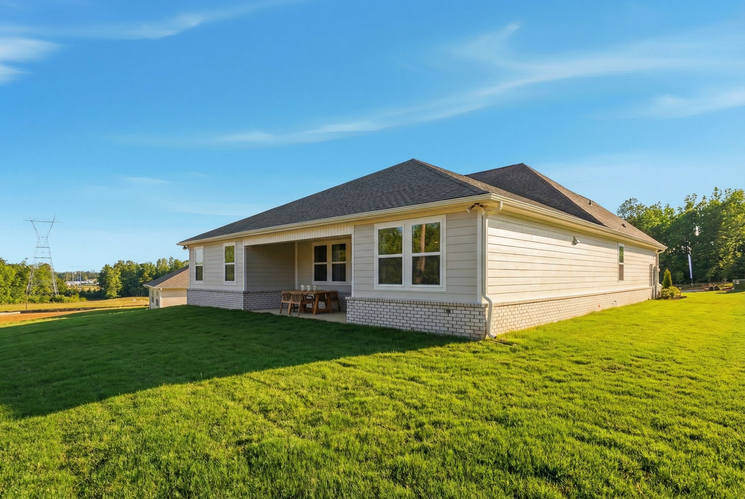 Contemporary ranch-style home exterior at Noble Ridge in Cullman, Alabama with covered patio, large windows, and lush green lawn
