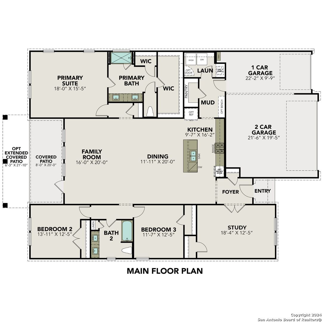 Detailed main floor plan of The Lanier H 3-bed, 2.5-bath home by Davidson Homes in Ladera, San Antonio, Texas