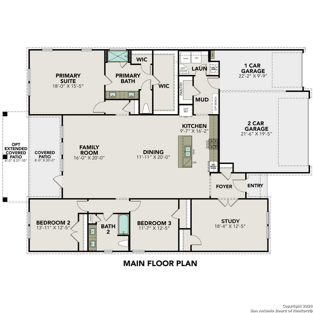 Detailed main floor plan of The Lanier H 3-bed, 2.5-bath home by Davidson Homes in Ladera, San Antonio, Texas