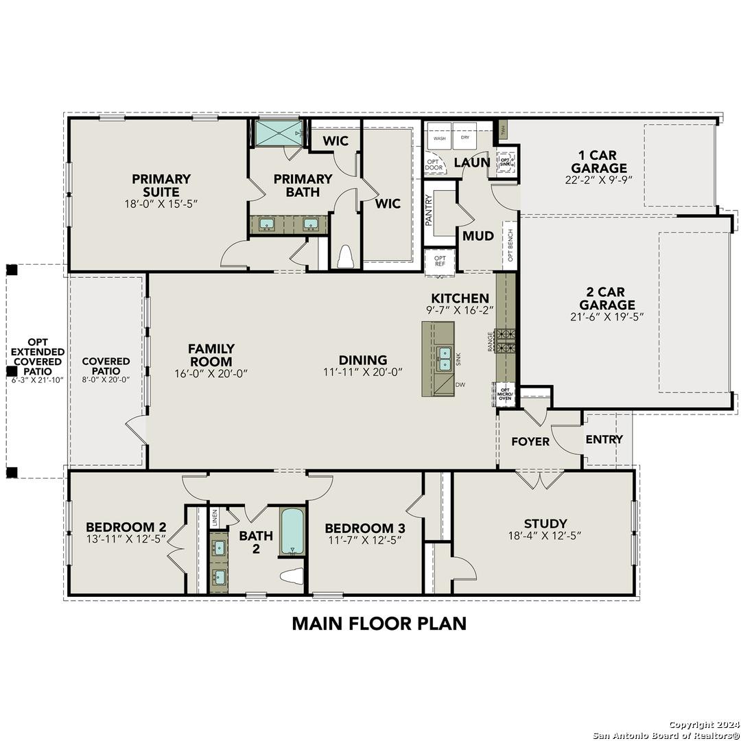 Detailed main floor plan of The Lanier H 3-bed, 2.5-bath home by Davidson Homes in Ladera, San Antonio, Texas