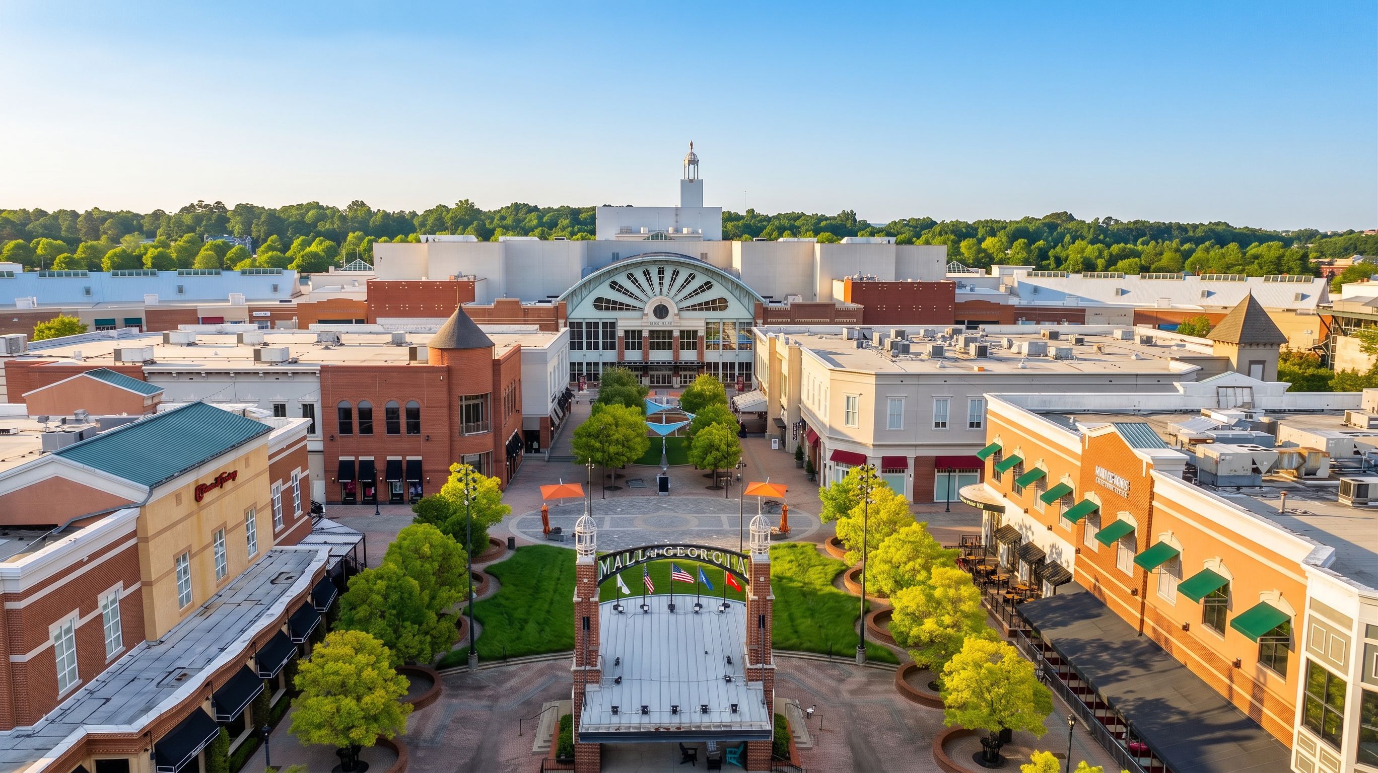 Aerial view of Mall of Georgia near Melody Lakeside Estates in Buford, GA, featuring shopping plazas and green spaces.