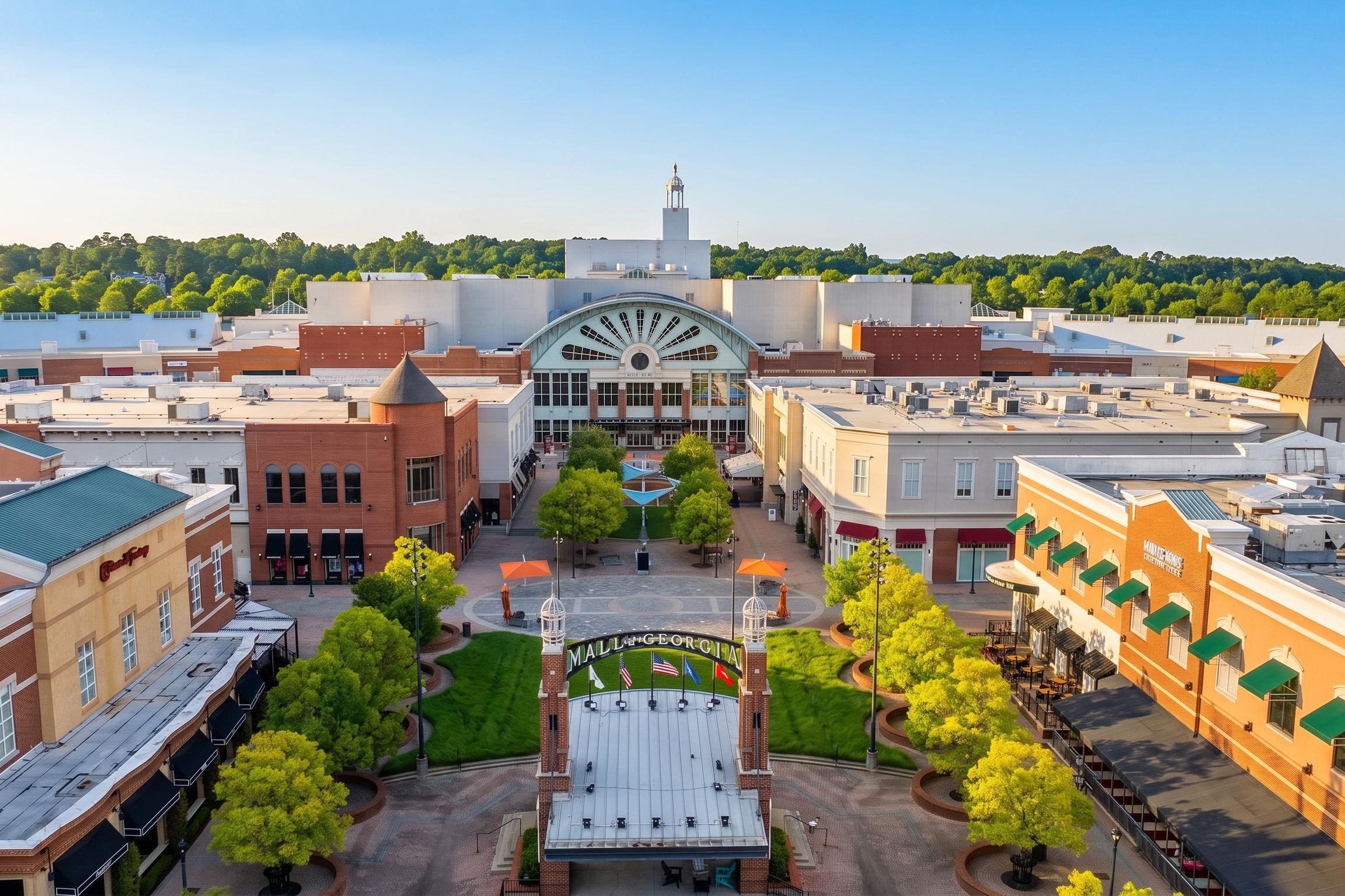 Aerial view of Mall of Georgia near Melody Lakeside Estates in Buford, GA, featuring shopping plazas and green spaces.