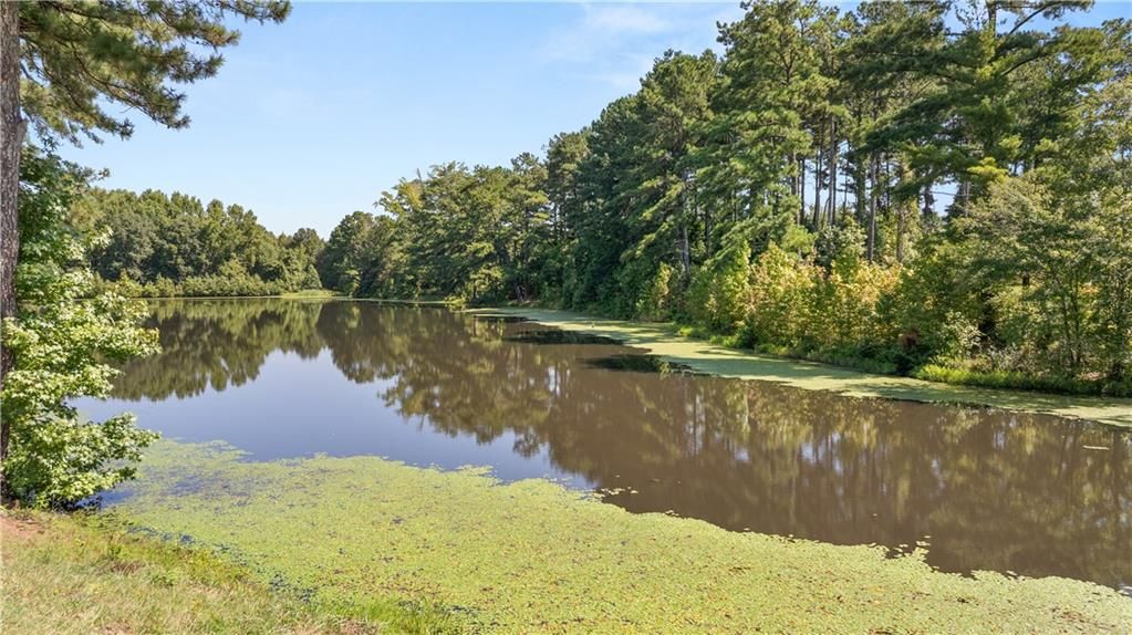 Tranquil lakefront view surrounded by lush trees at Lake Shore community by Davidson Homes in Winder, Georgia