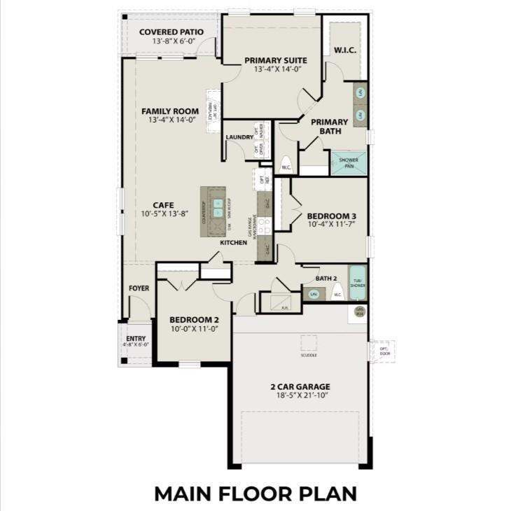 Main floor plan of The Costa A: 3-bed, 2-bath, 1,438 sq ft 1-story home with 2-car garage by Davidson Homes in Beasley, Texas
