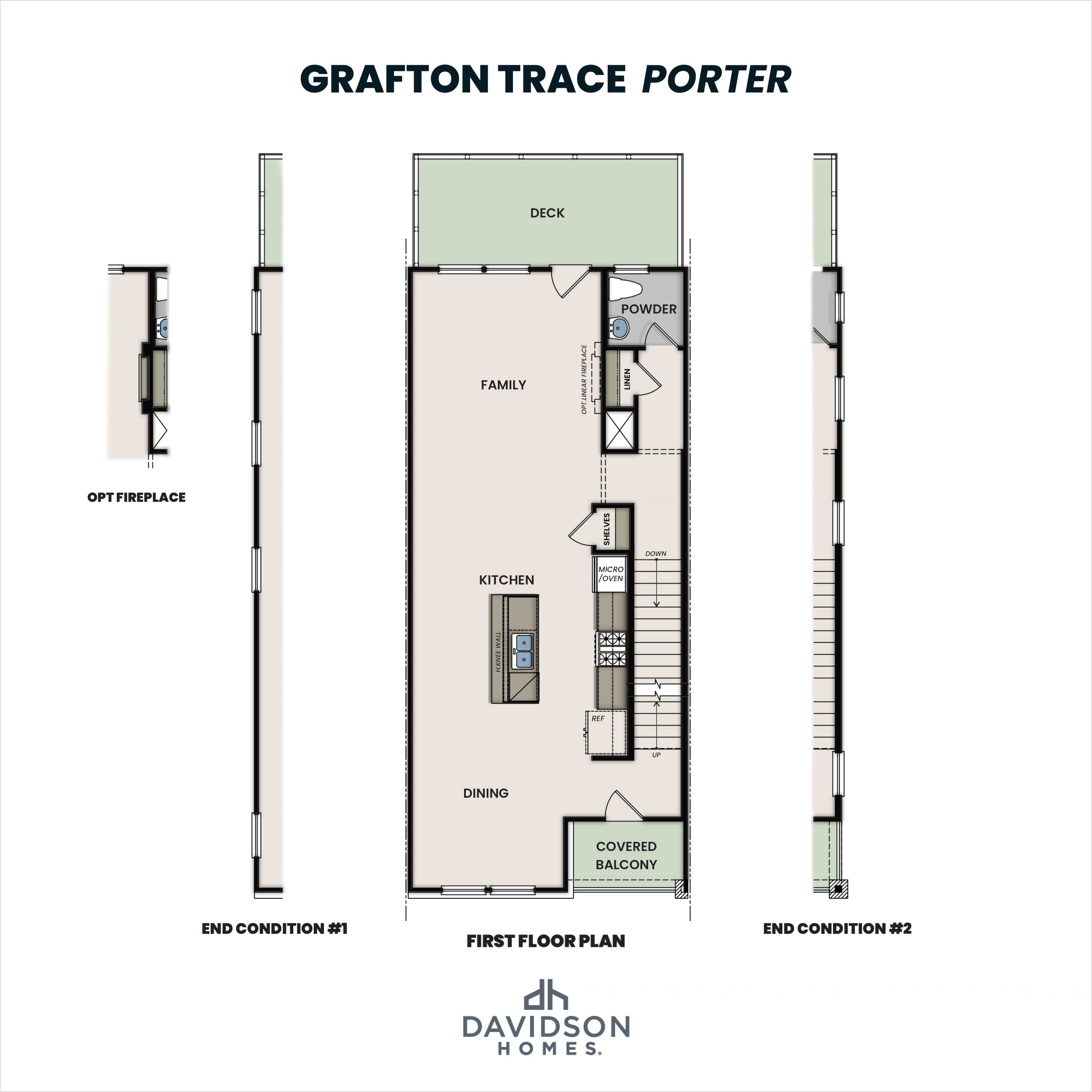First floor plan of Grafton Trace Porter showcasing open kitchen island, family room with optional fireplace, dining area, and covered deck