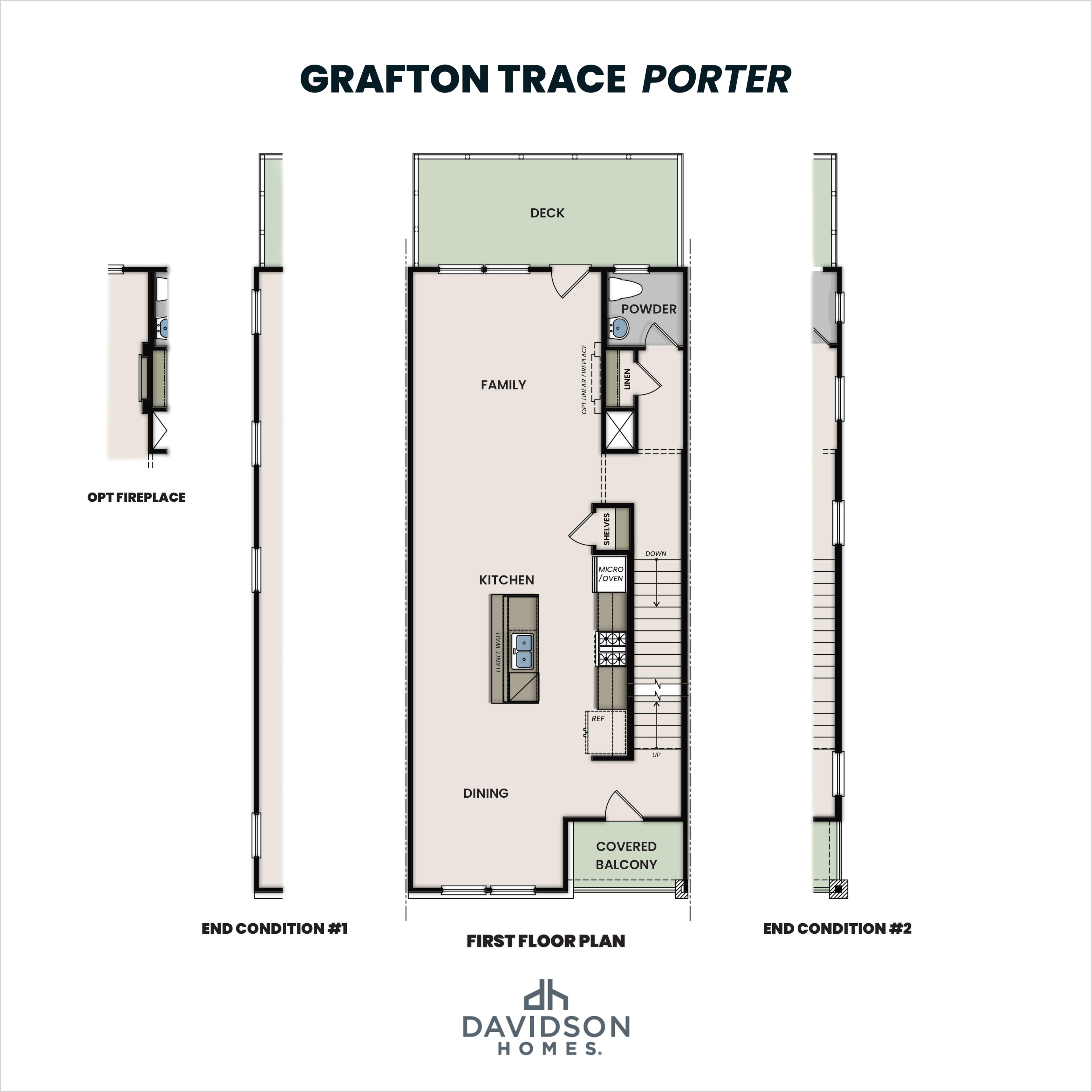 First floor plan of The Porter multi-family home with open kitchen, dining, family room, deck, and covered balcony by Davidson Homes