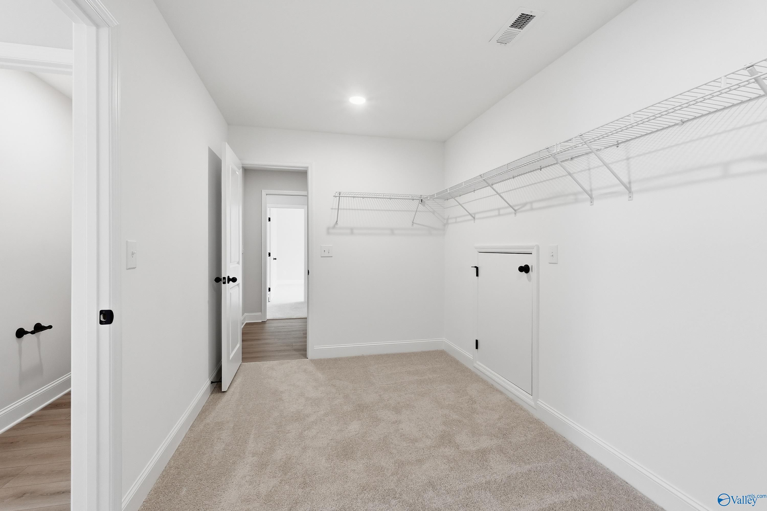 Spacious walk-in closet with wire shelving, carpeted floor, and double doors in Davidson Homes The Chelsea D, Cullman, Alabama