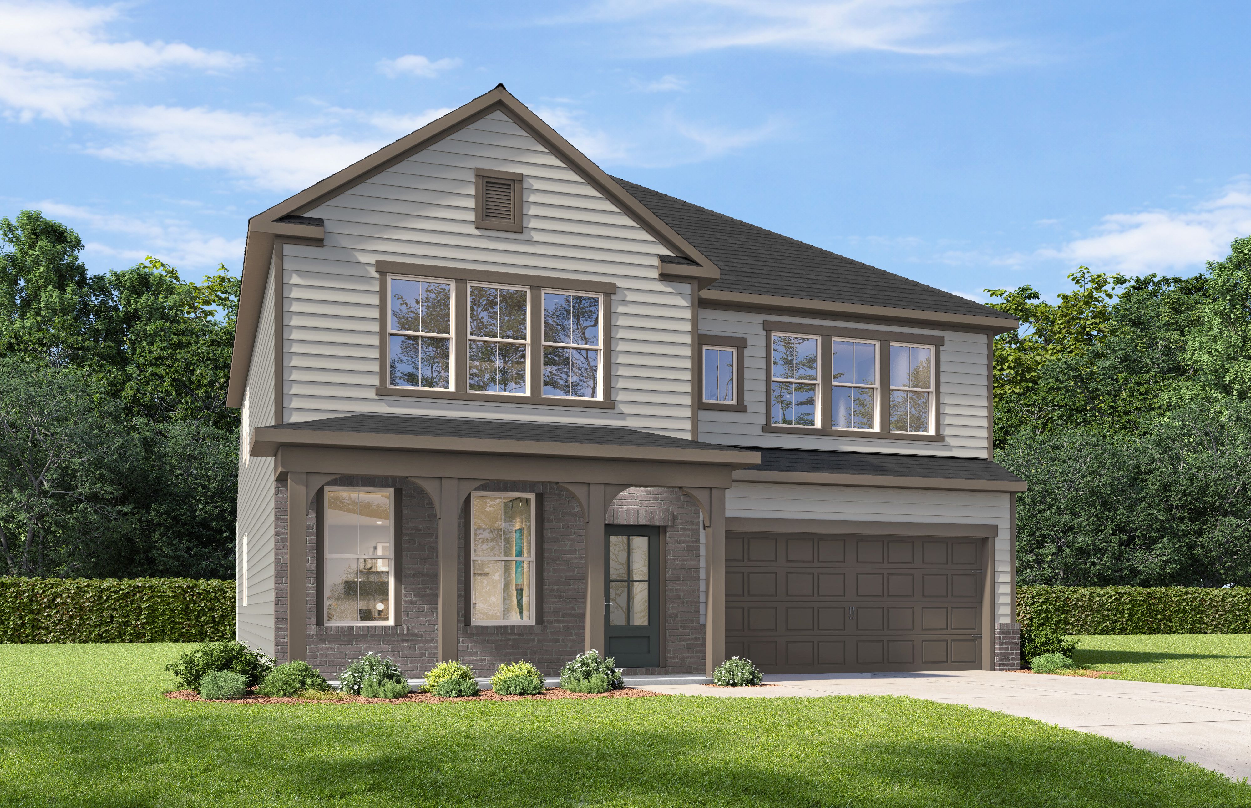 Two-story Serena E elevation featuring brick and siding exterior, arched entry, two-car garage, lush landscaping in San Antonio