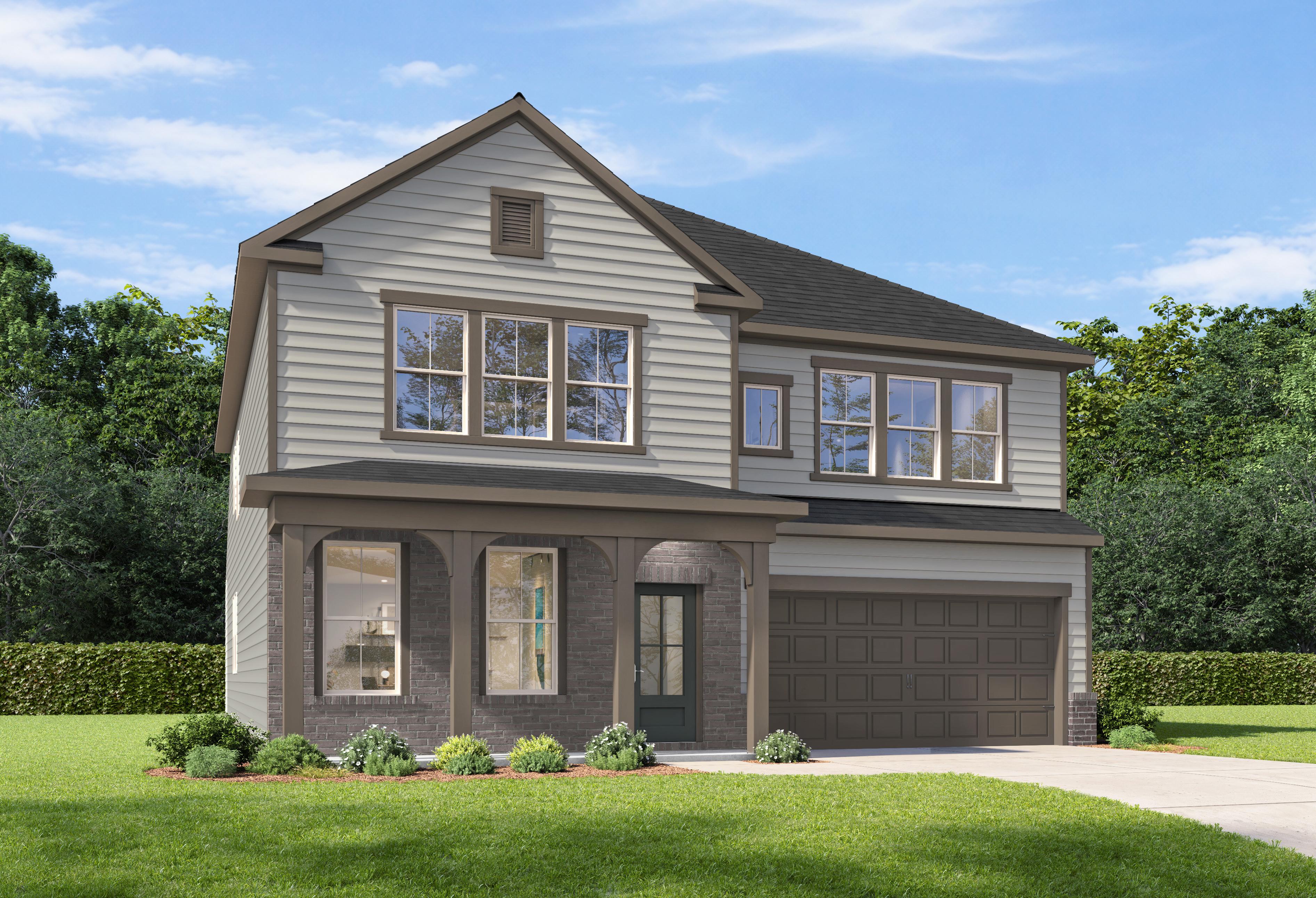 Two-story Serena E elevation featuring brick and siding exterior, arched entry, two-car garage, lush landscaping in San Antonio