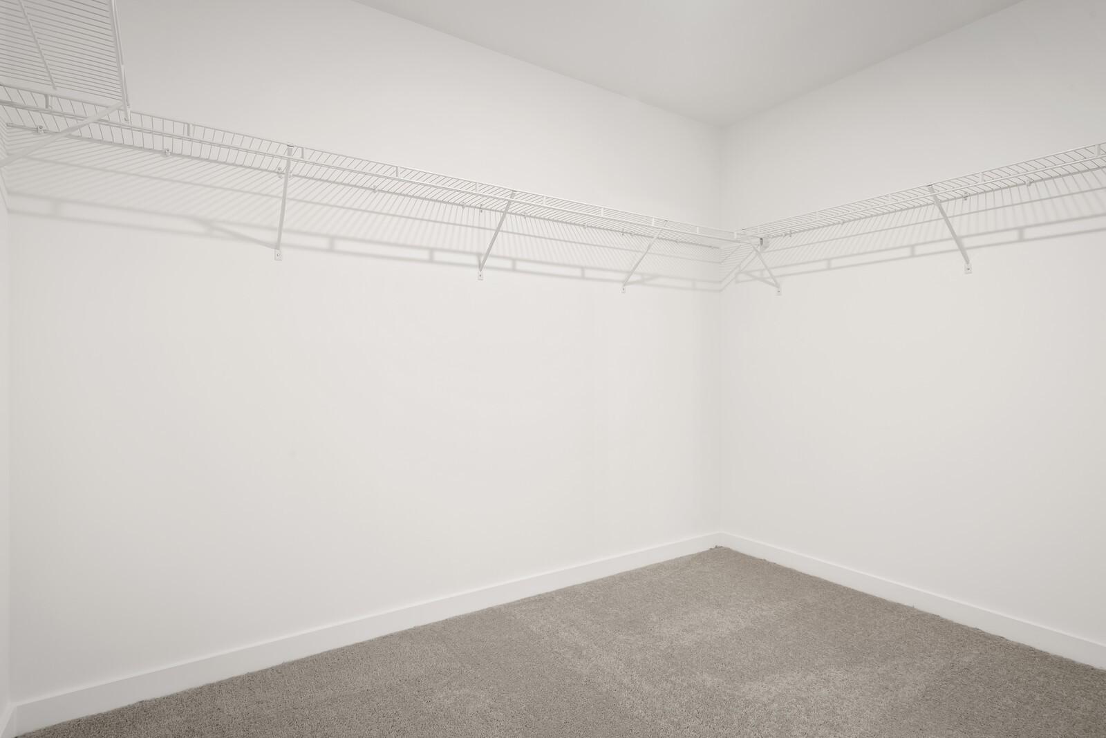 Spacious walk-in closet with wire shelving and carpeted floor in Davidson Homes The Logan C, Gallatin, Tennessee