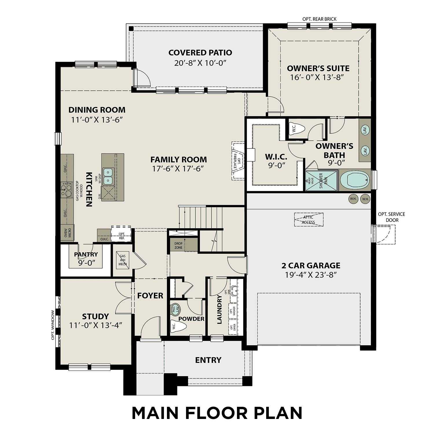 Detailed floor plan of The Philip C 4-bedroom, 3.5-bath home by Davidson Homes in Sierra Vista, Rosharon, Texas, with open kitchen and 3-car garage