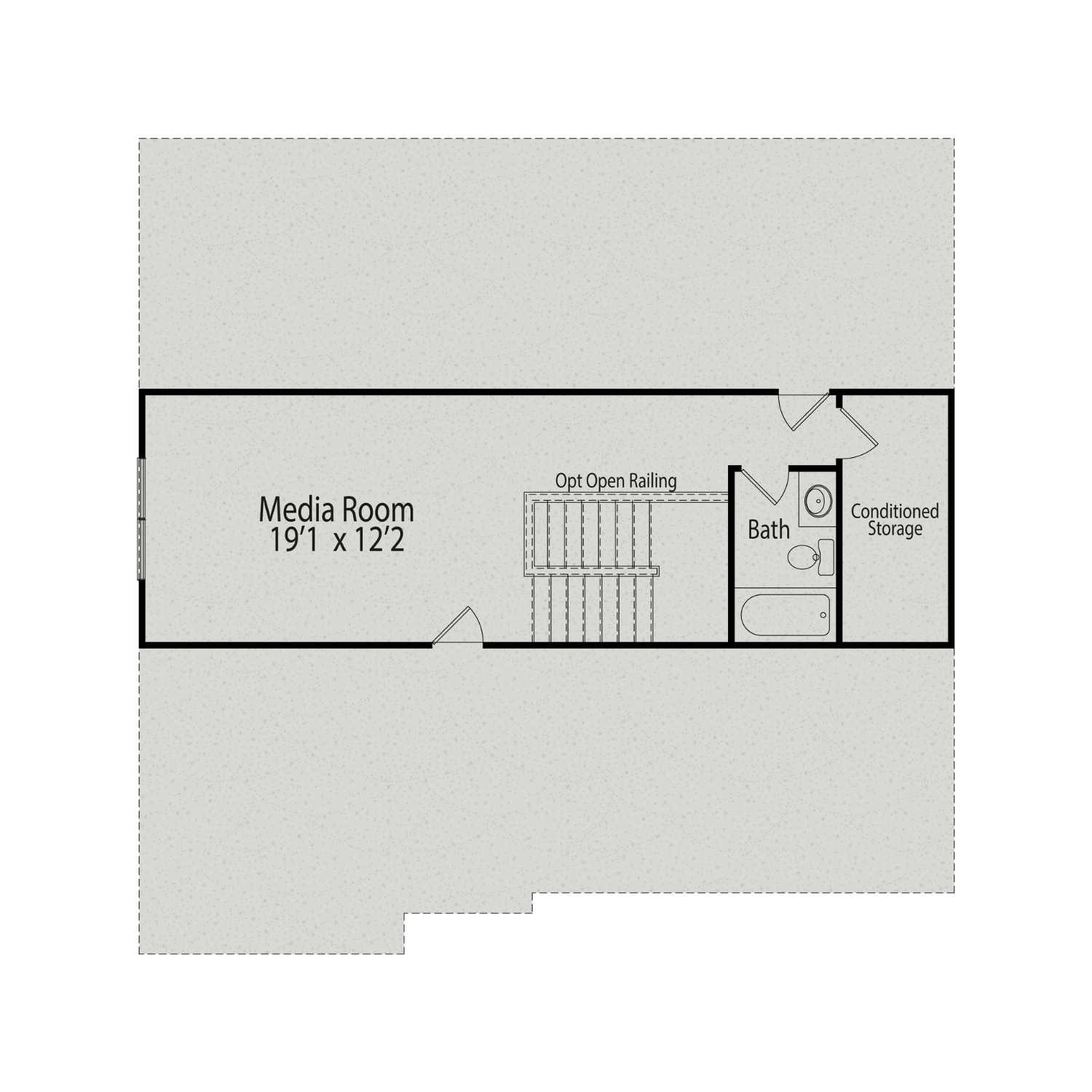 Upper floor plan of The Hickory II A featuring 19x12 media room, optional open railing, bath, and storage in Lillington NC home