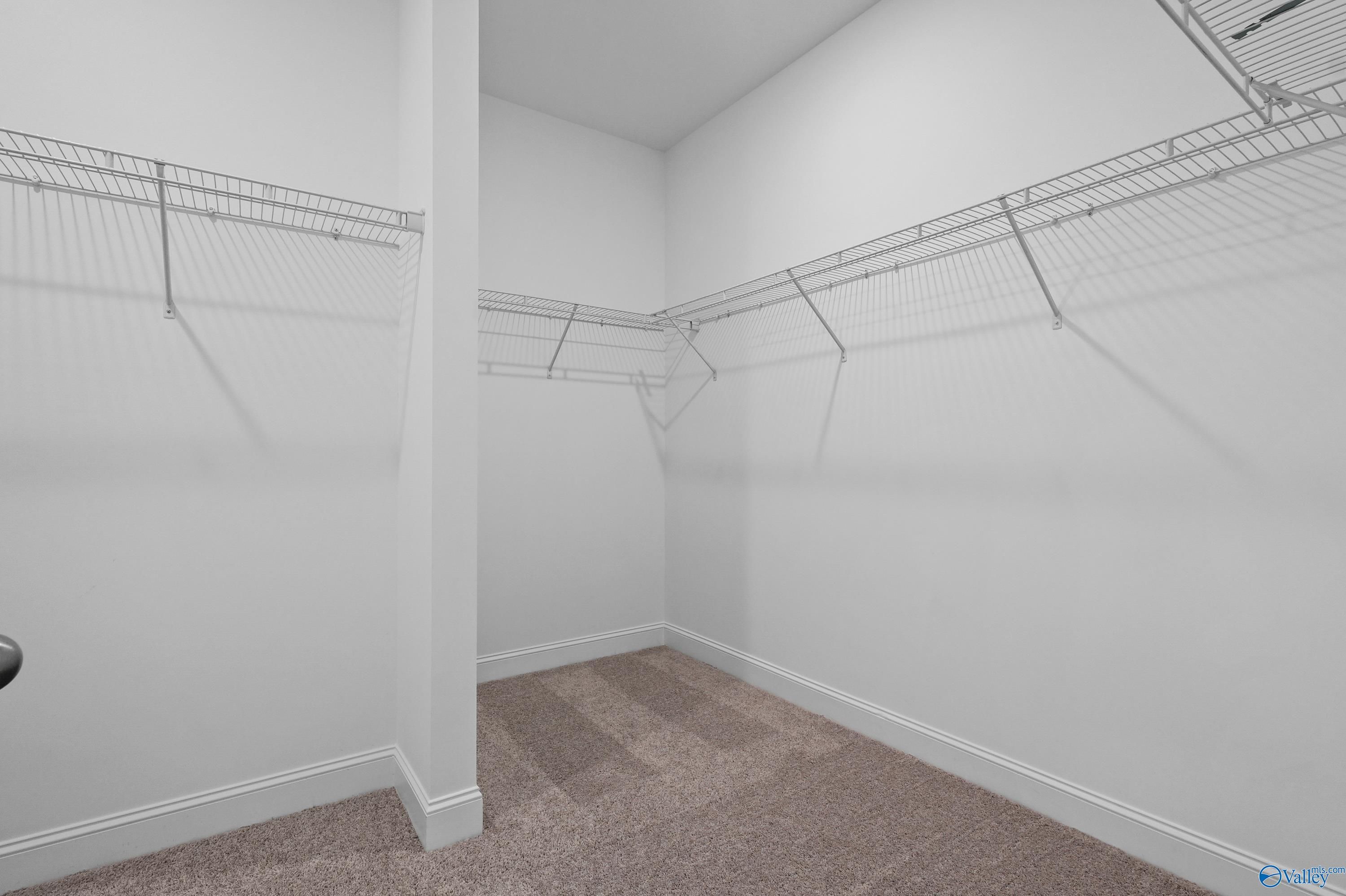 Spacious walk-in closet with wire shelving and carpeted floor in Davidson Homes The Everett, Hazel Green, Alabama