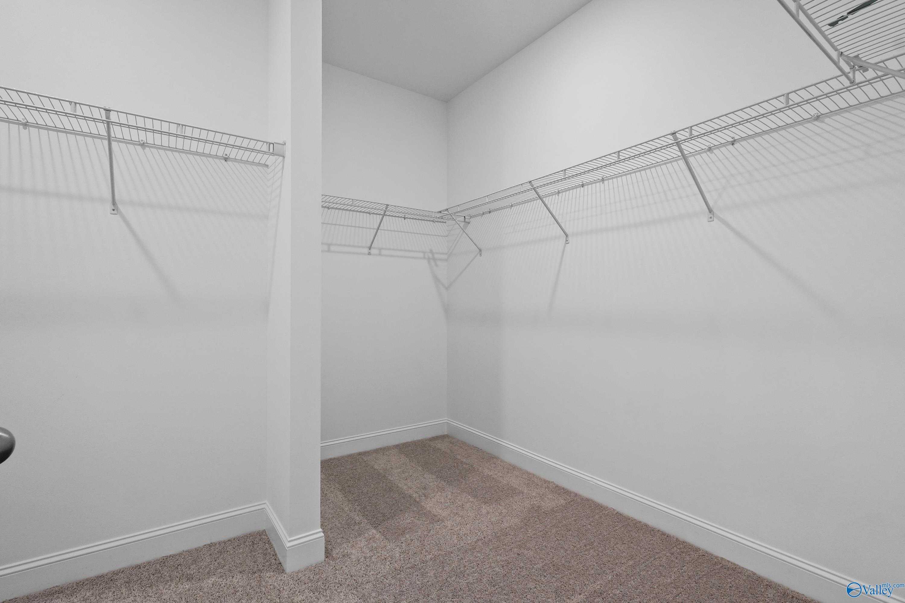 Spacious walk-in closet with wire shelving and carpeted floor in Davidson Homes The Everett, Hazel Green, Alabama