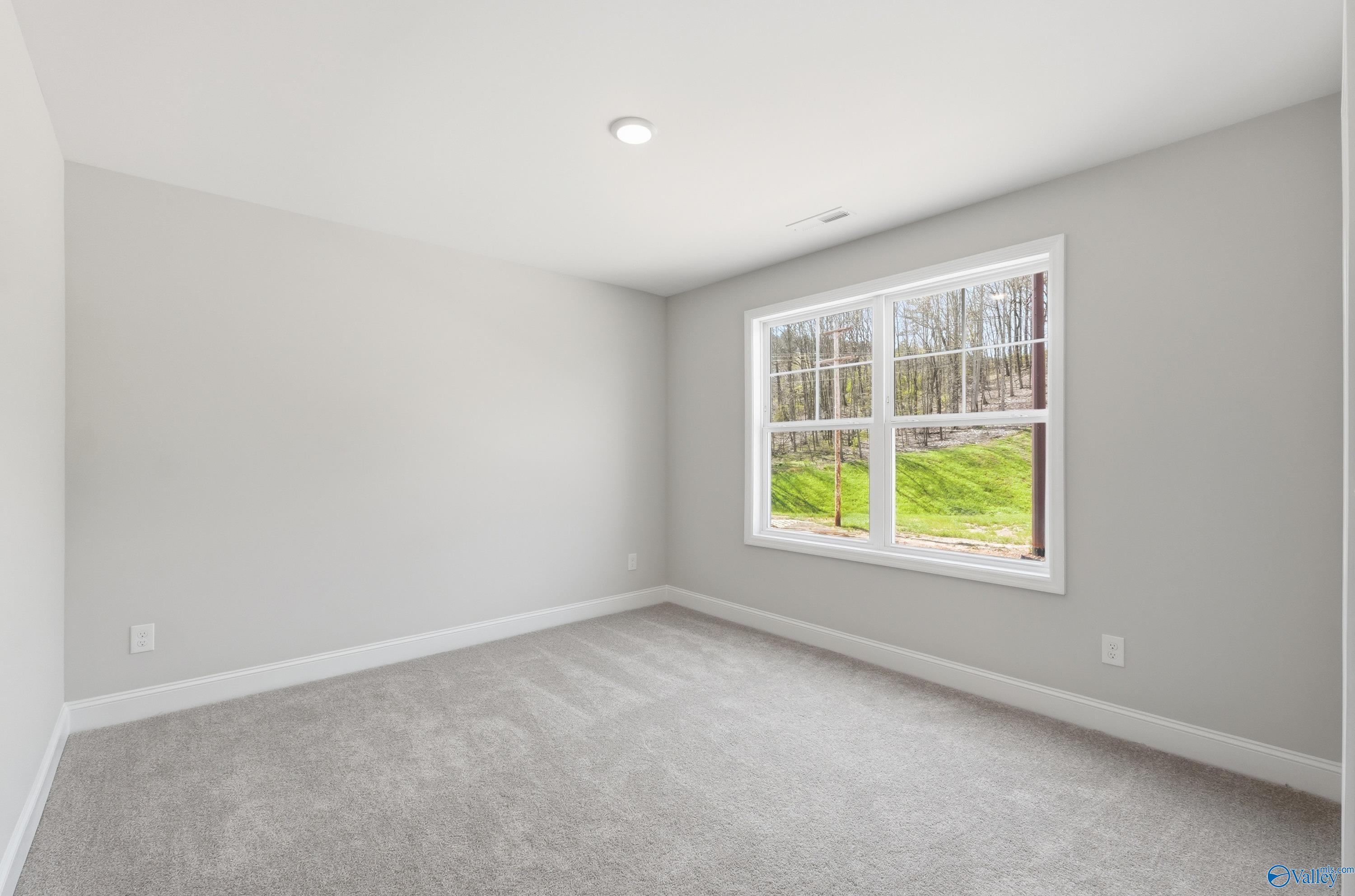 Bright bedroom with gray carpet, light walls, and large window to lush green yard in Davidson Homes The Chelsea D, Cullman AL
