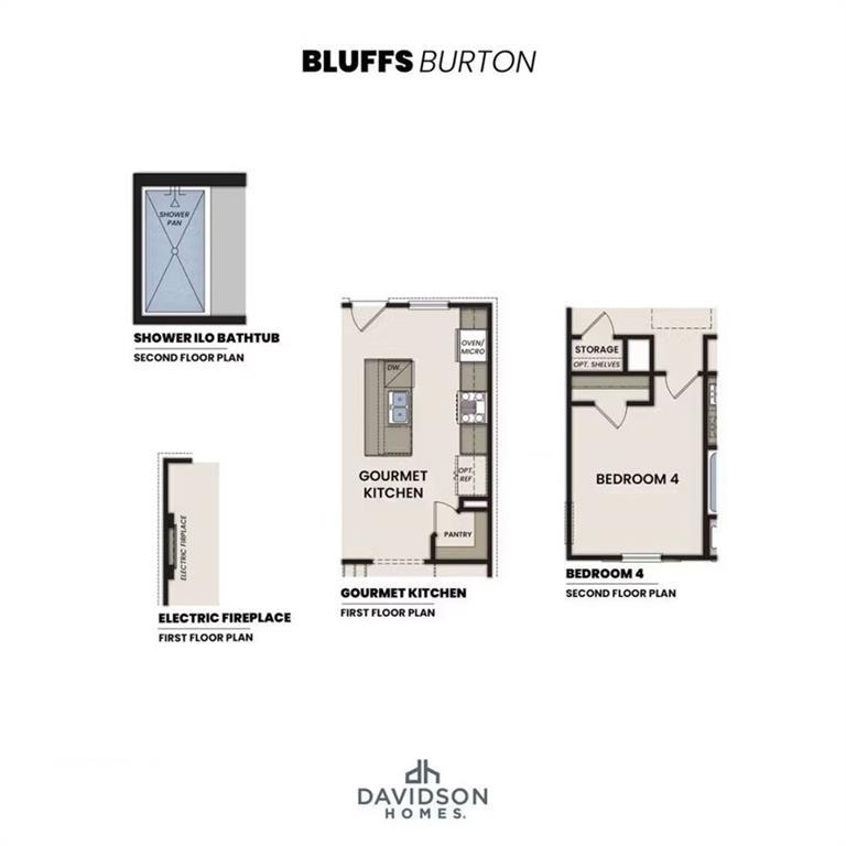 The Burton B floor plan by Davidson Homes: 2-story 3-bedroom layout with gourmet kitchen, loft, bedrooms, and storage in The Bluffs, Canton, Georgia