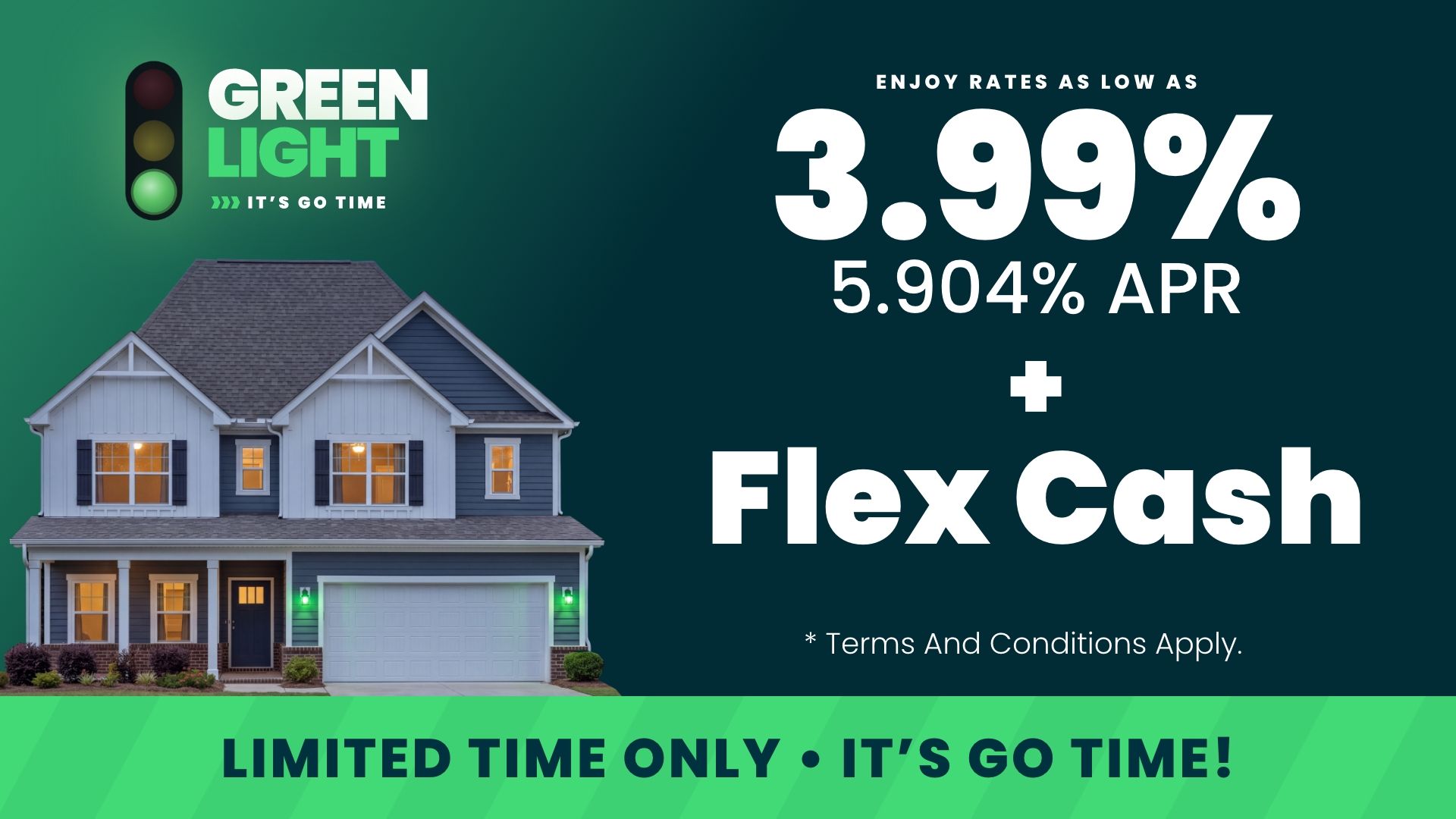 Promotional graphic for Huntsville homebuilder 2-1 interest rate buydown offer with Red, White & New savings event branding.