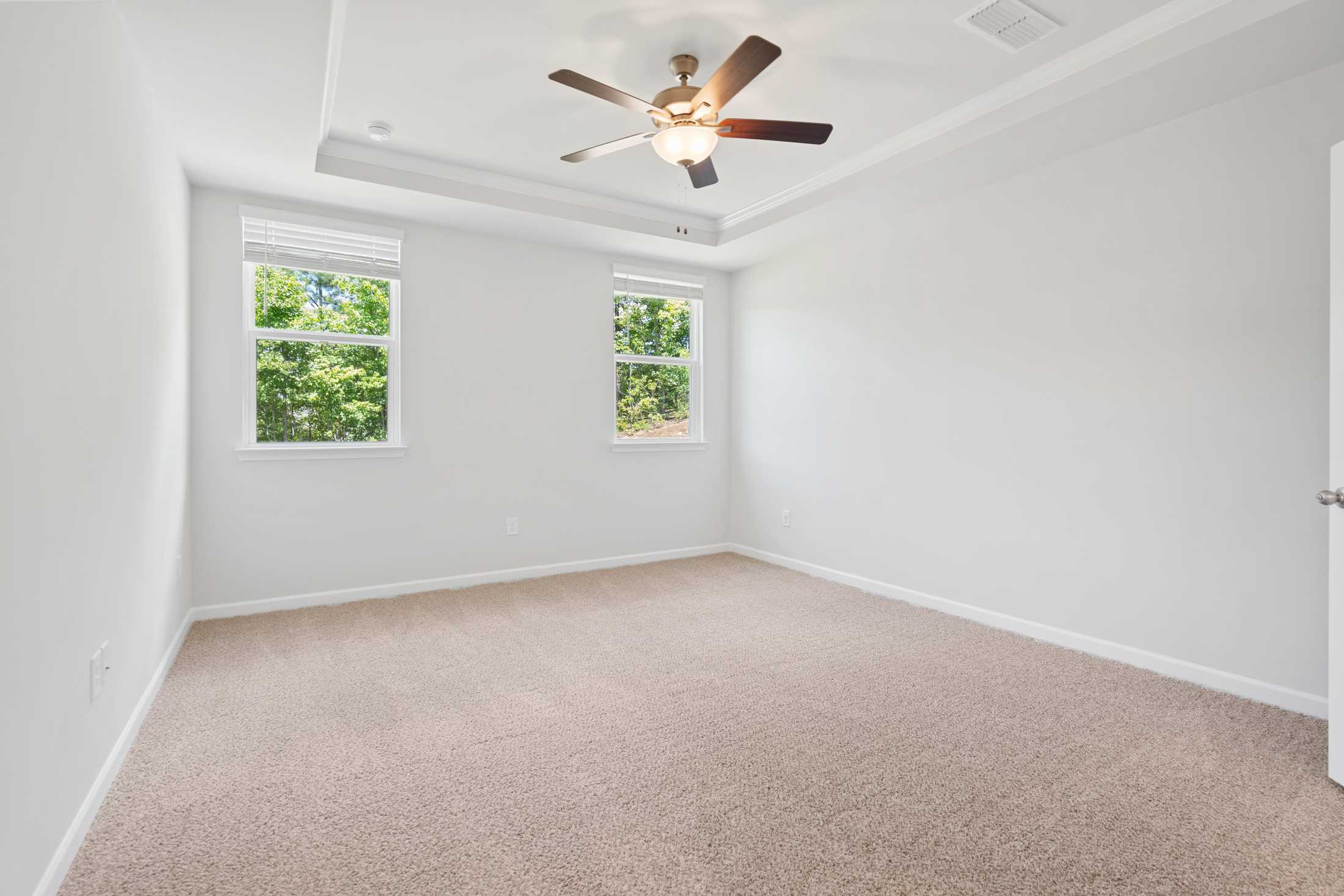 Spacious bedroom at Mountainbrook in Cartersville GA by Davidson Homes with white walls, carpet floor, ceiling fan, and large windows