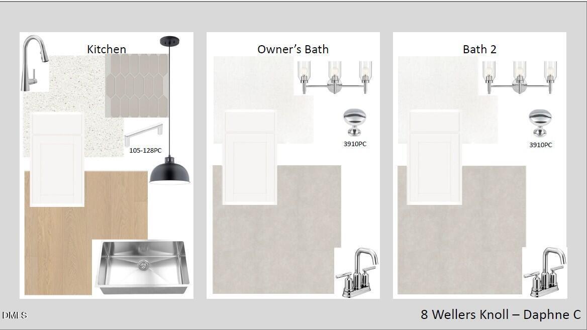 Modern kitchen fixtures, owner's bath vanity with dual sinks, and bath 2 in Daphne C plan, Wellers Knoll, Lillington, NC
