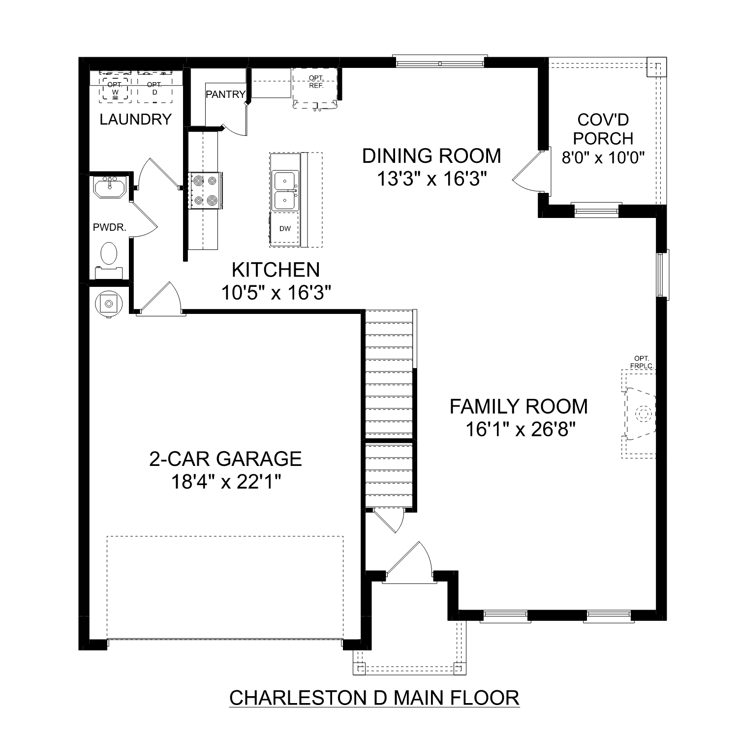 First floor layout of The Charleston D showcasing open kitchen, dining room, family room, 2-car garage, and covered porch