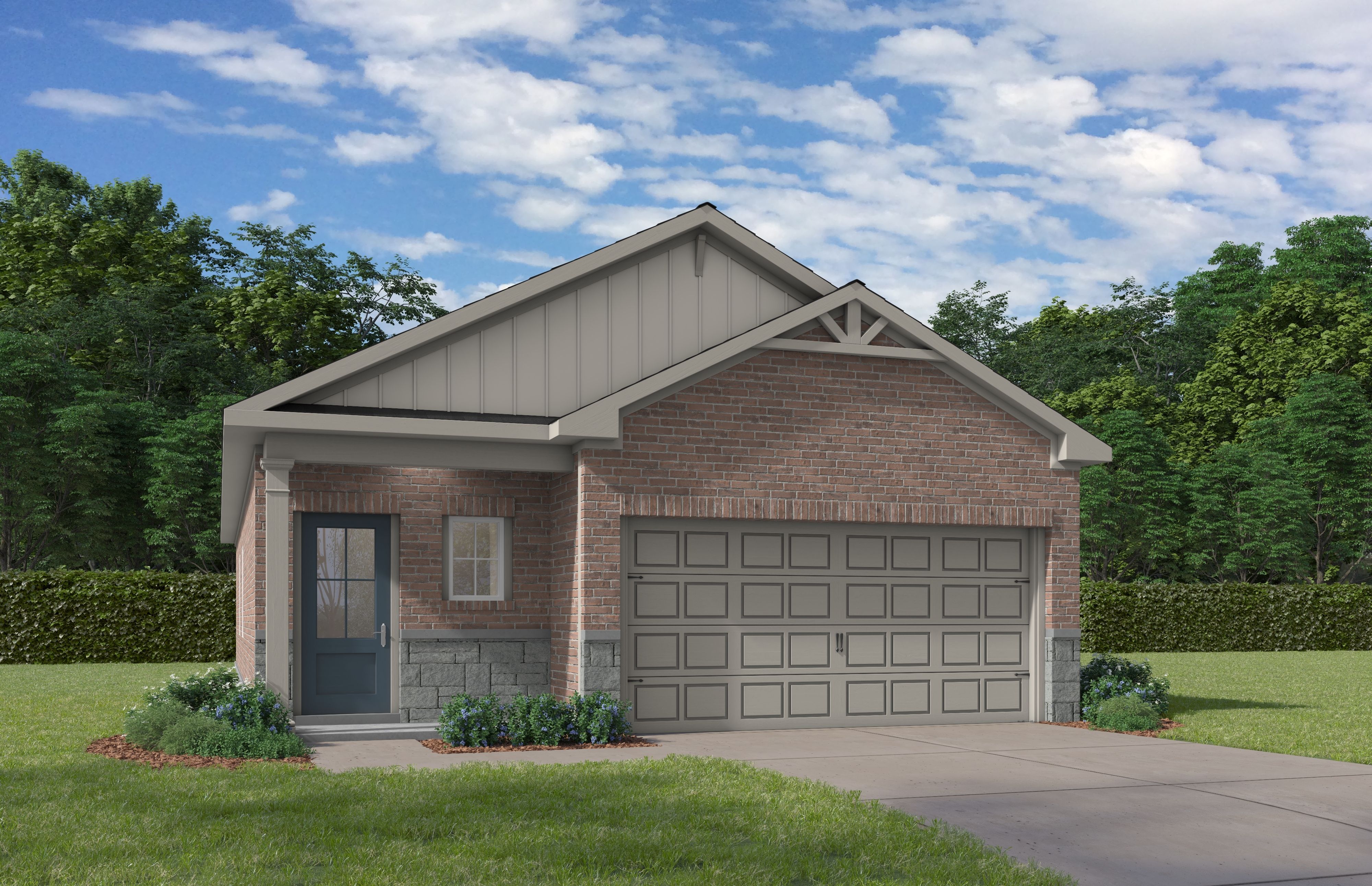The Frio G single-story home elevation in Conroe Texas featuring brick and gray siding exterior, 2-car garage, gabled roof, landscaped front yard